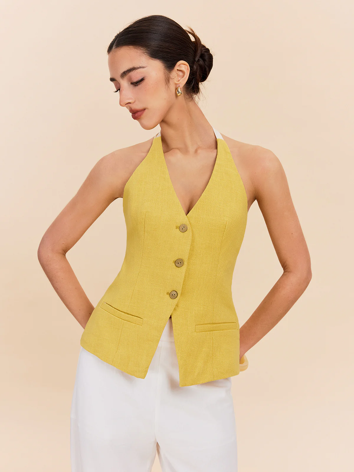 Cotton & Linen Halter Top With Decor Pocket - Takermore