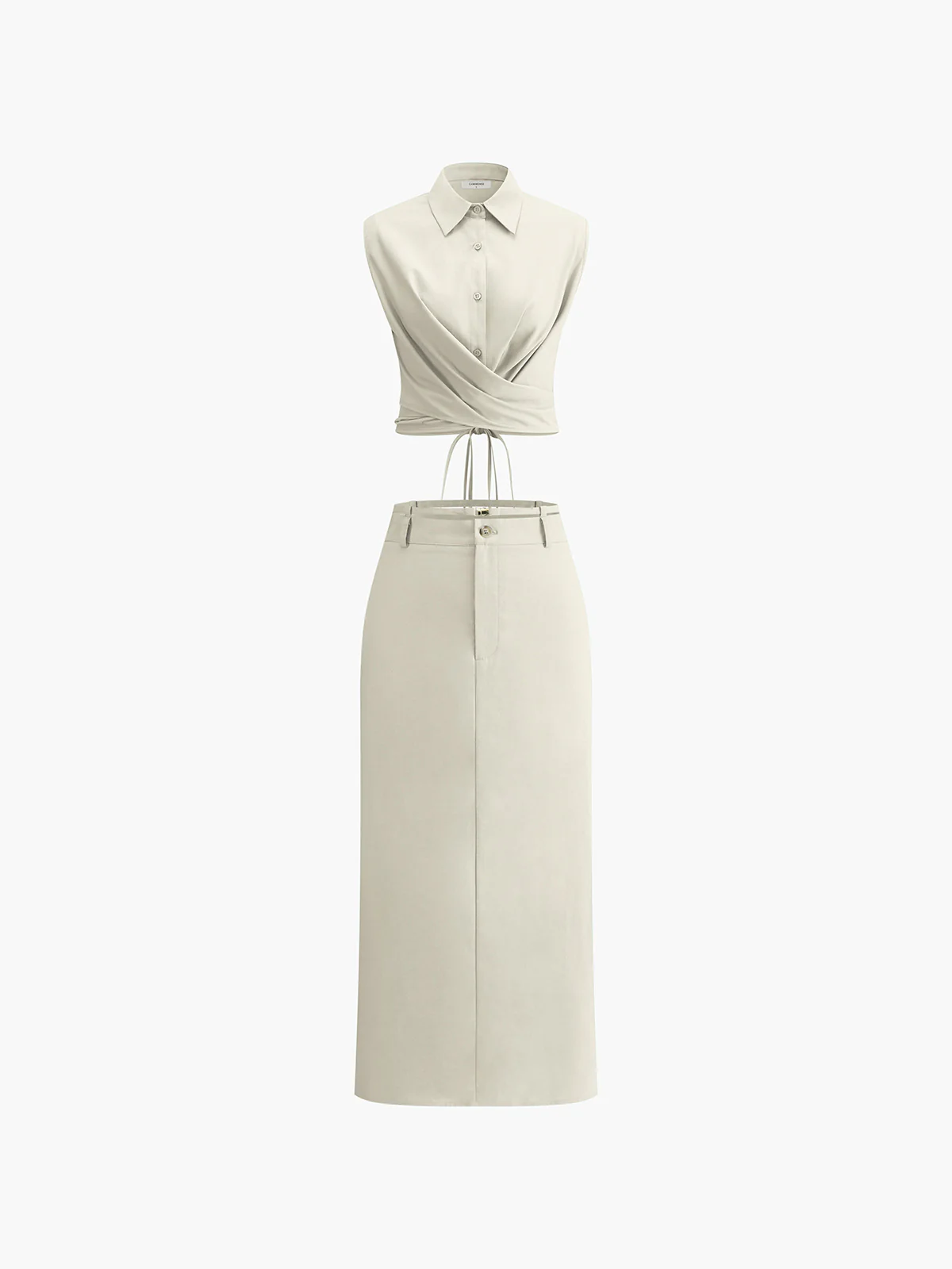 Sleeveless Button-Down Collar Tie Back Skirt Set - Takermore