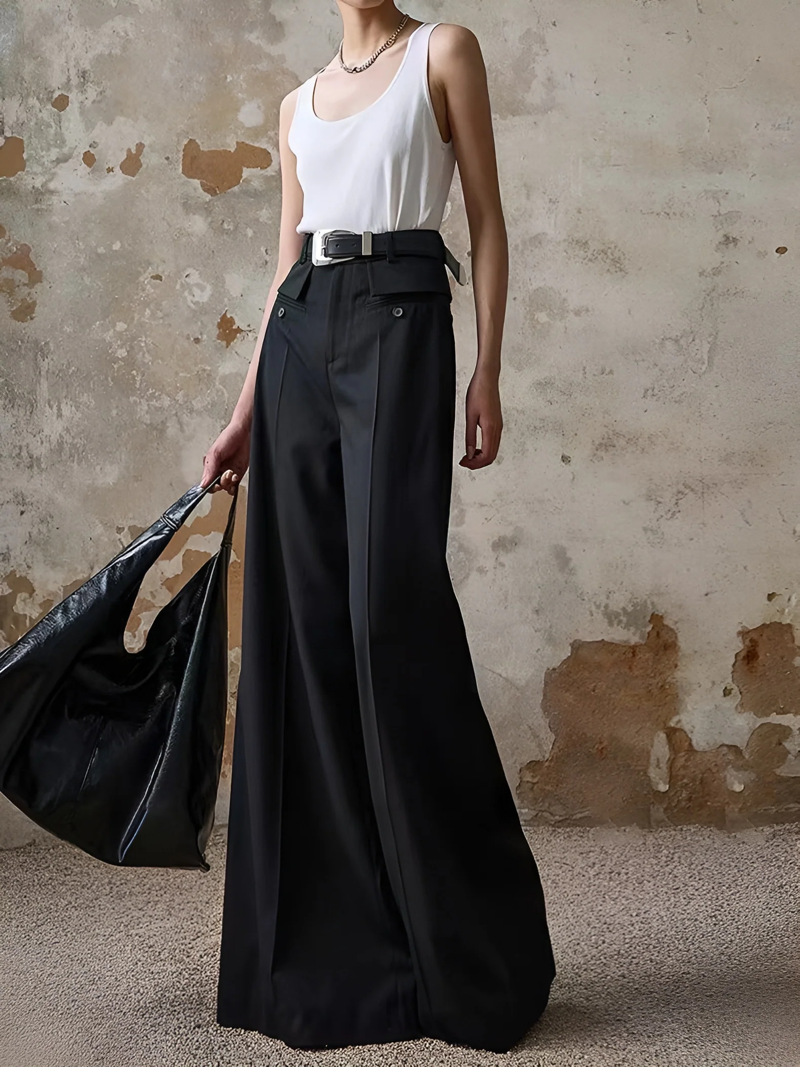 High-Waist Piping Bell Pants Without Belt - Takermore
