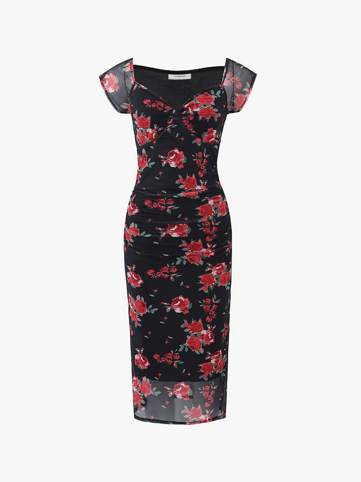 Semi-Sheer Floral Print Ruched Side Midi Dress - Takermore