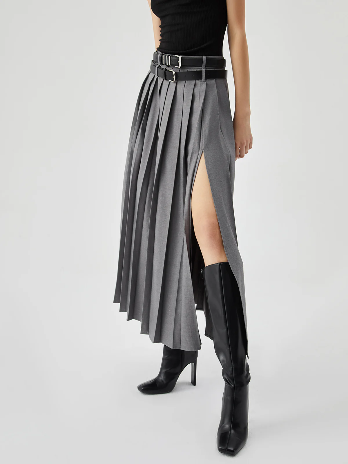 Pleated Split Maxi Skirt Without Belt - Takermore