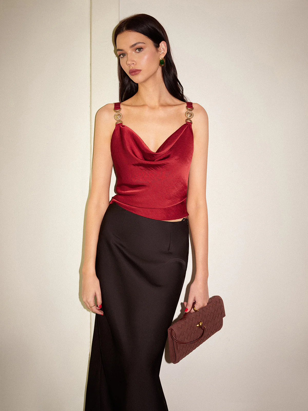 Cowl Neck Metal-Detail Satin Cami Top - Takermore