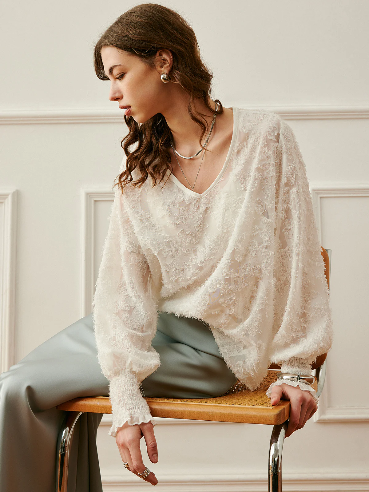 Semi-Sheer V-Neck Lantern Sleeve Embroidered Top - Takermore
