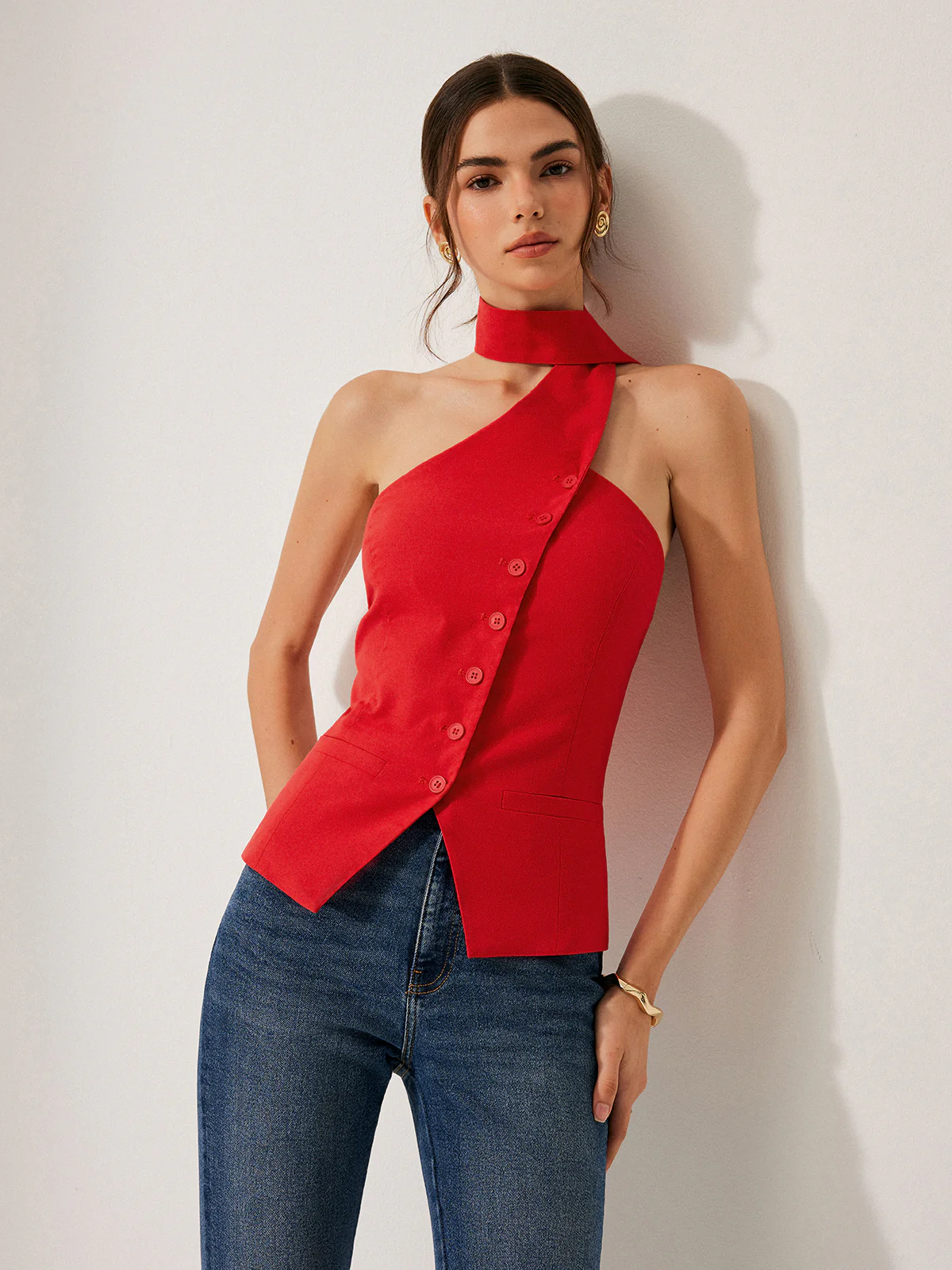 Cotton & Linen Halter Top With Decor Pockets - Takermore