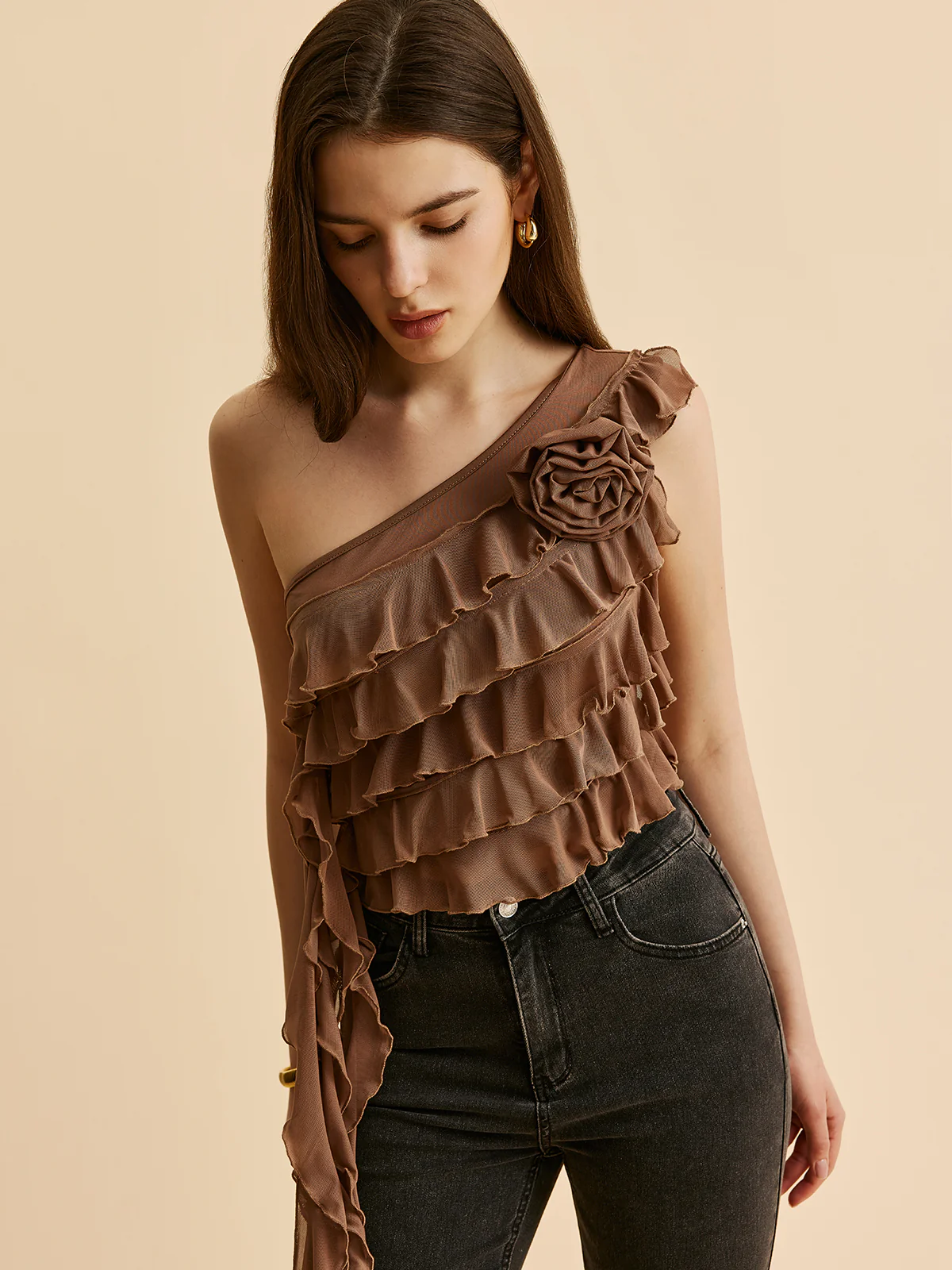 One-Shoulder Ruffled Rosette Detail Top - Takermore