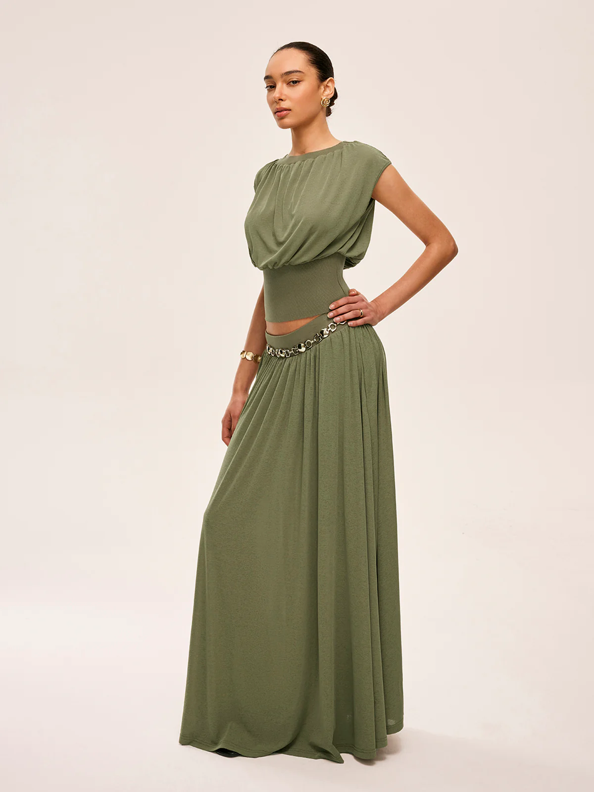 Gathered Waist Top With Flowy Skirt Set - Takermore