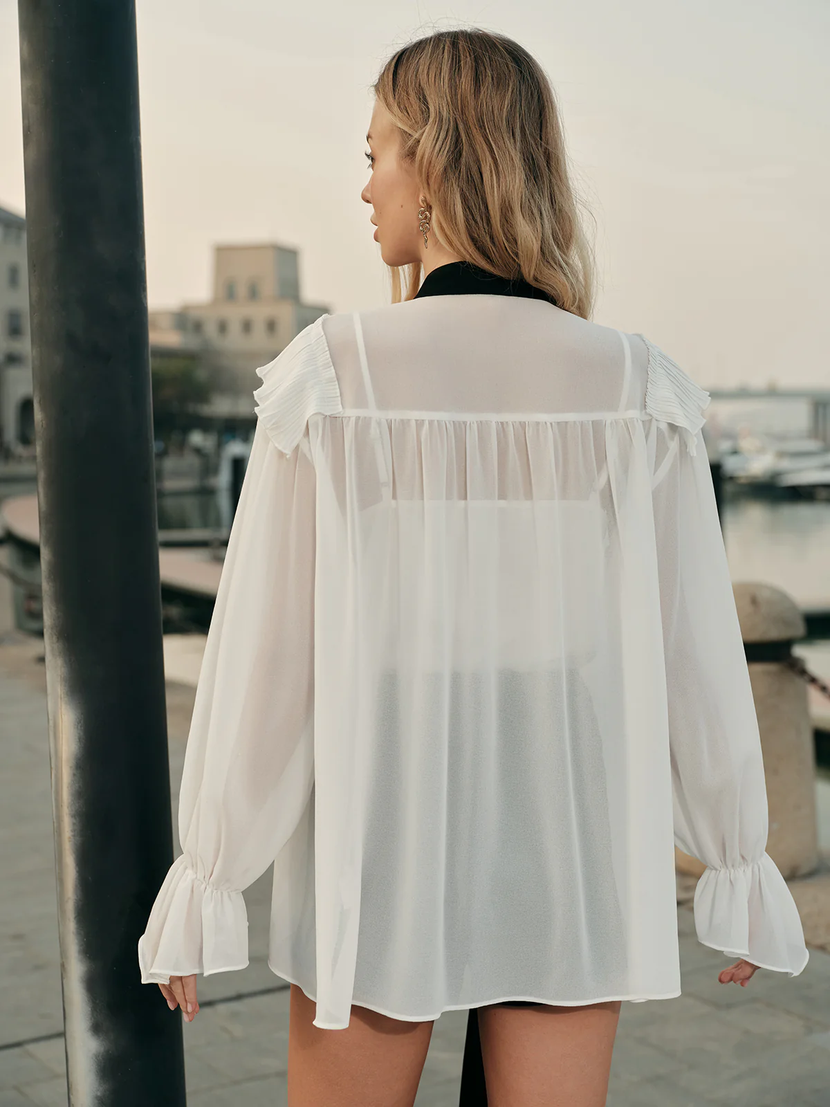 Semi-Sheer Ruffled Detail Blouse With Contrasting Tie - Takermore
