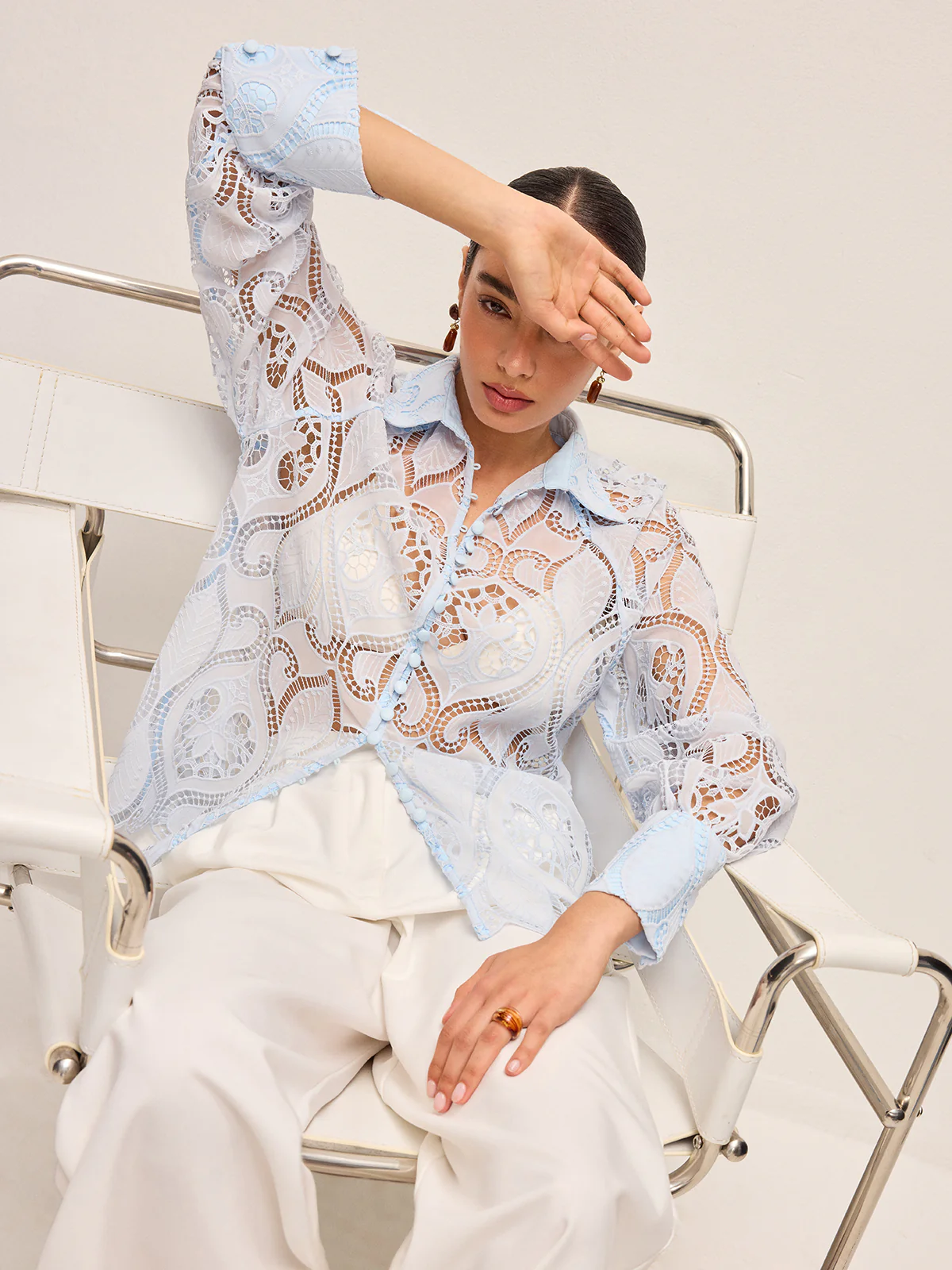 Sheer Lace Blouse With Cloth Button - Takermore