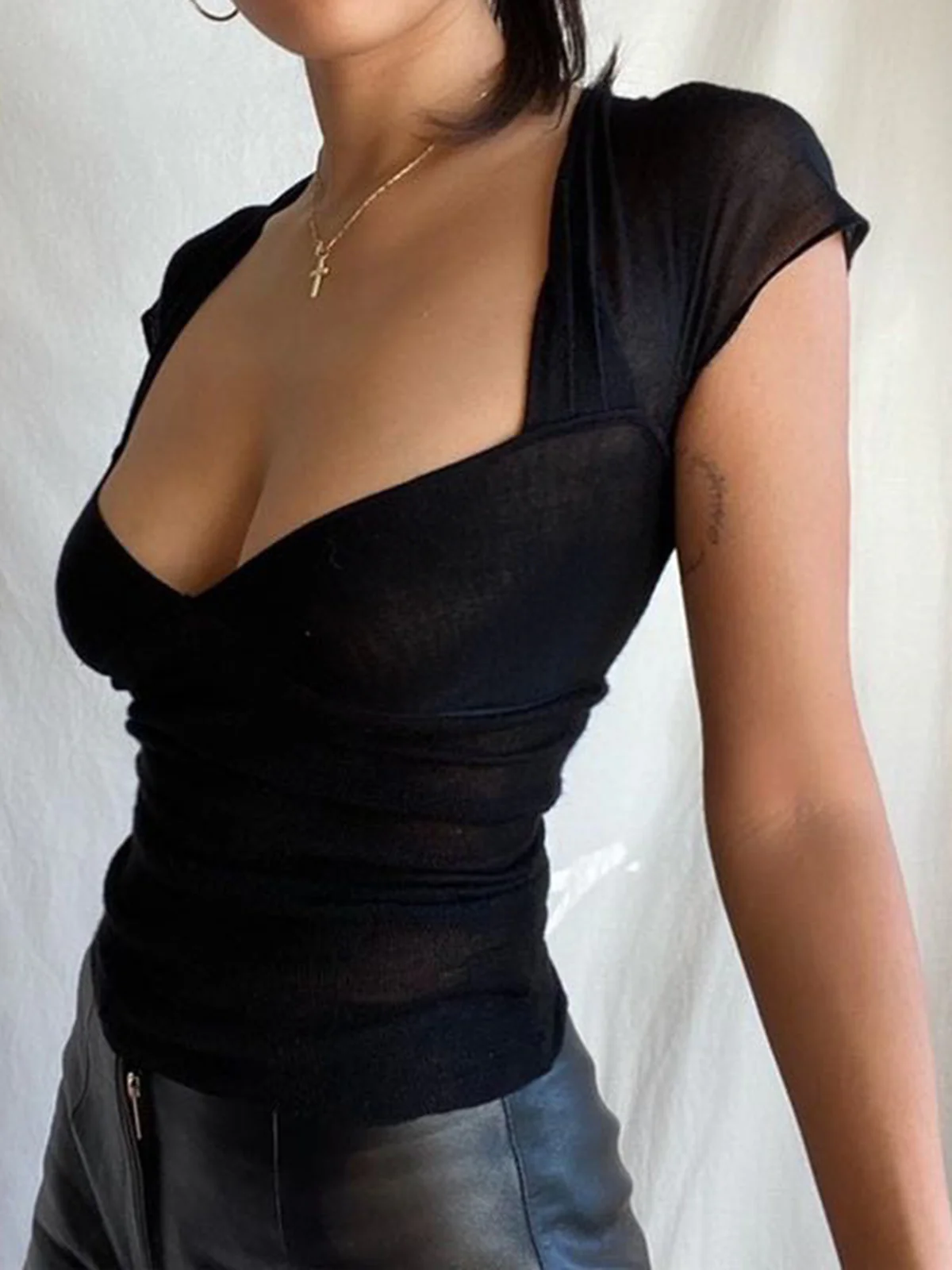 Semi-sheer Mesh Open Back T-shirt - Takermore