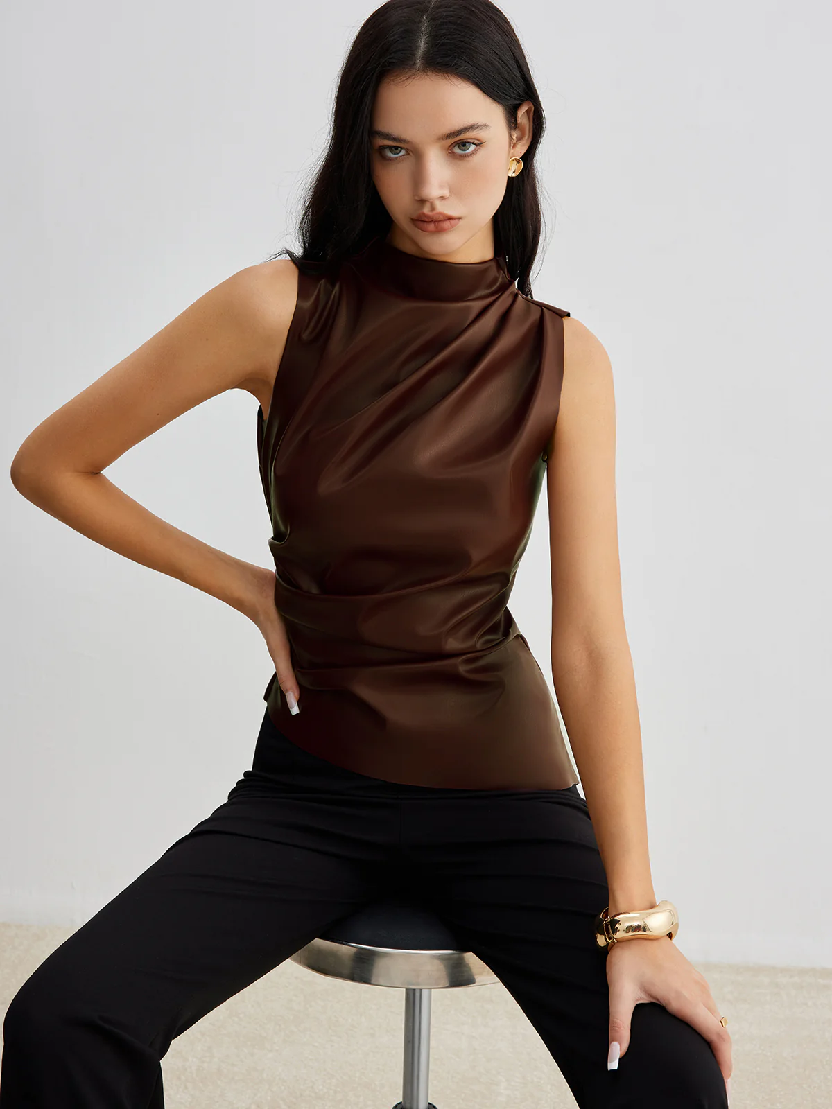 Mock Neck Faux Leather Cinched Tank Top - Takermore