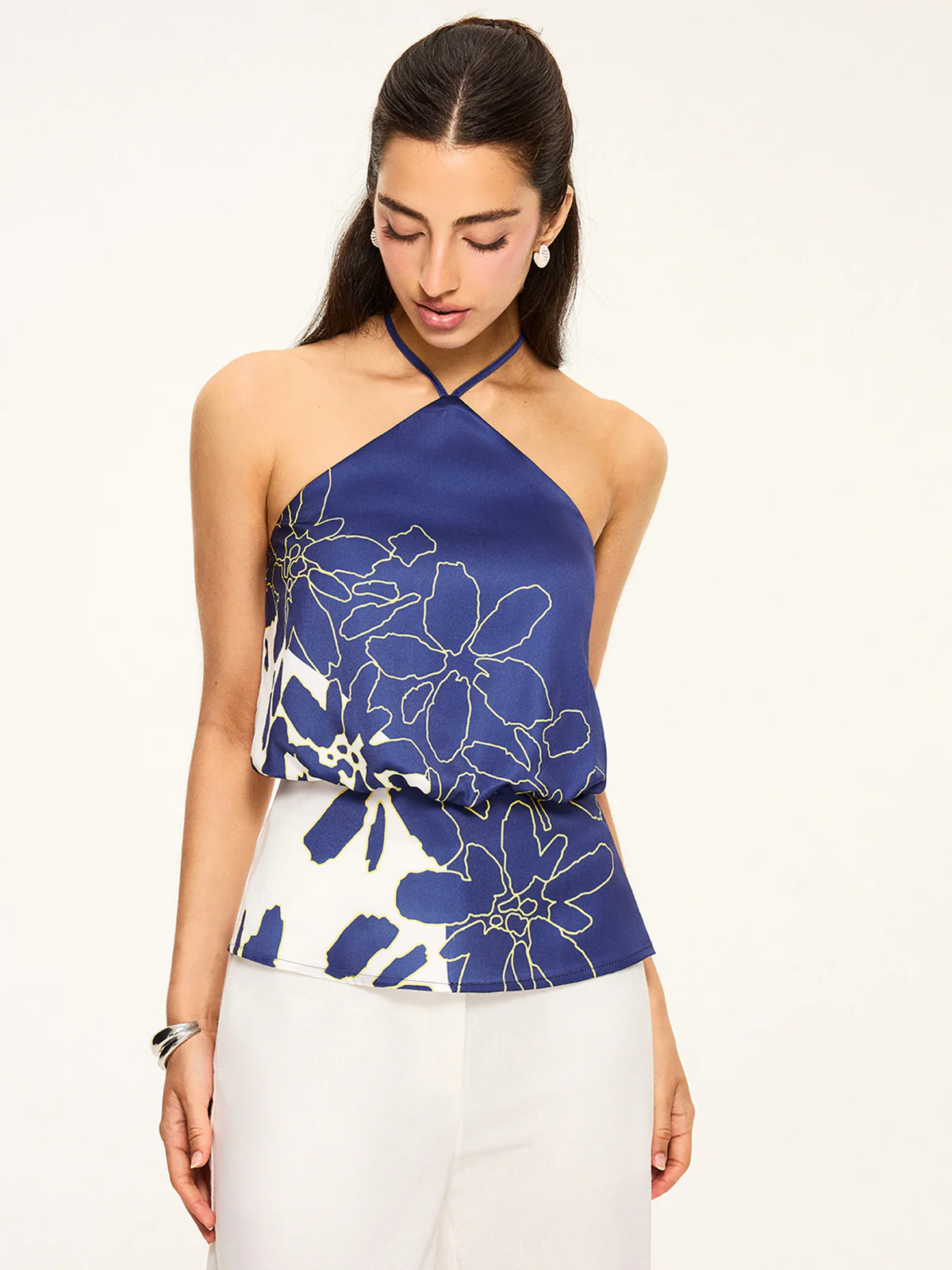 Floral Print Halter Backless Top - Takermore