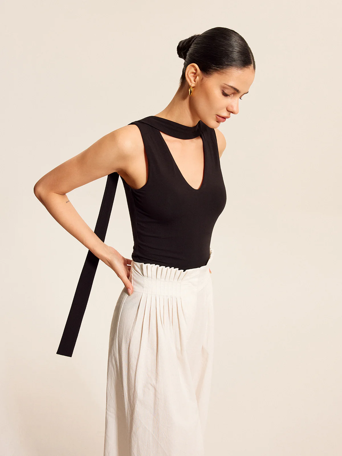 V-Neck Top With Scarf-Style Neck Tie - Takermore