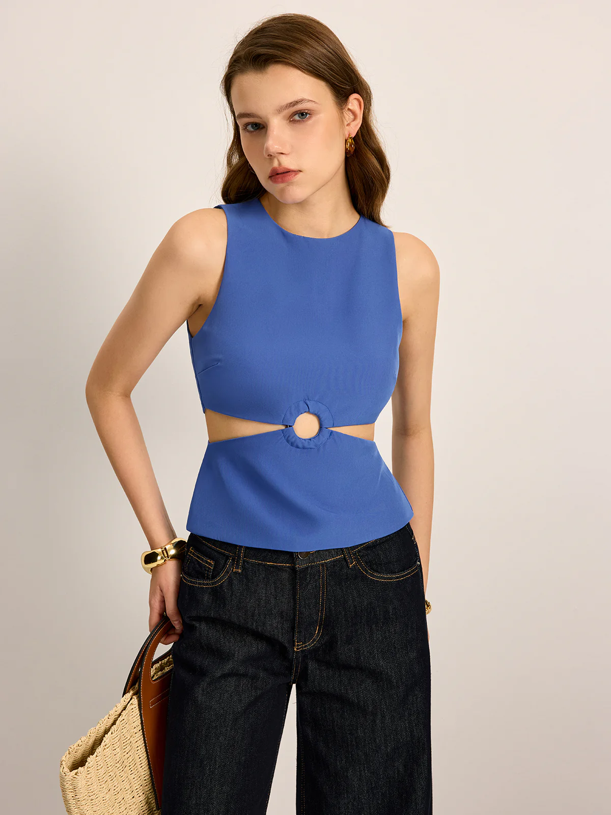 Cutout Detail Round Neck Top - Takermore