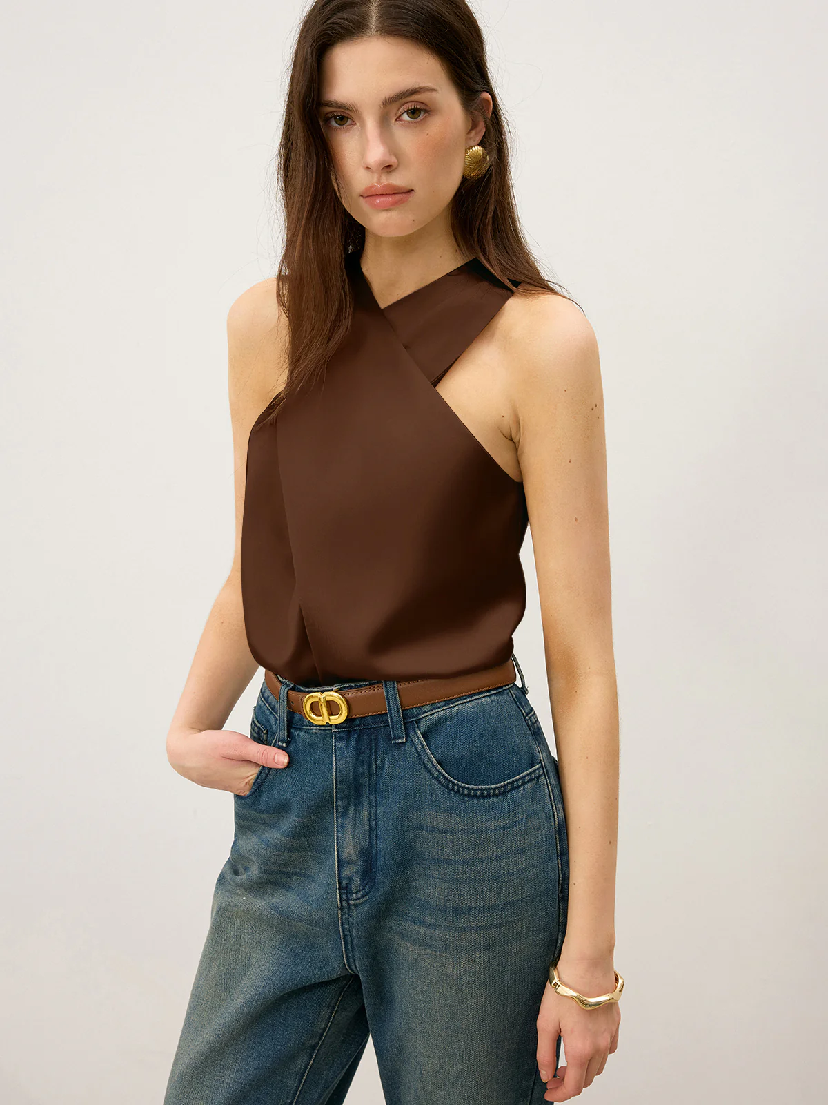 Satin Cross-Over Collar Tank Top - Takermore