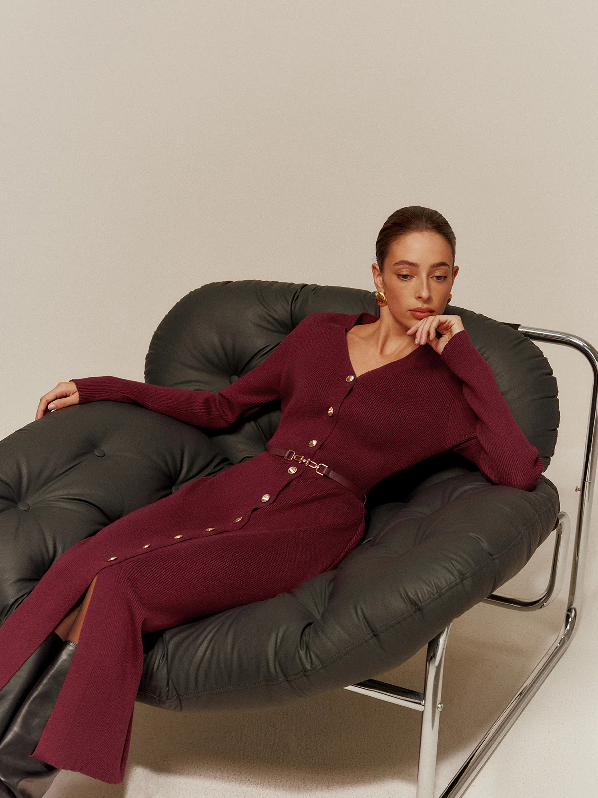 V-Neck Breasted Belted Sweater Long Dress - Takermore