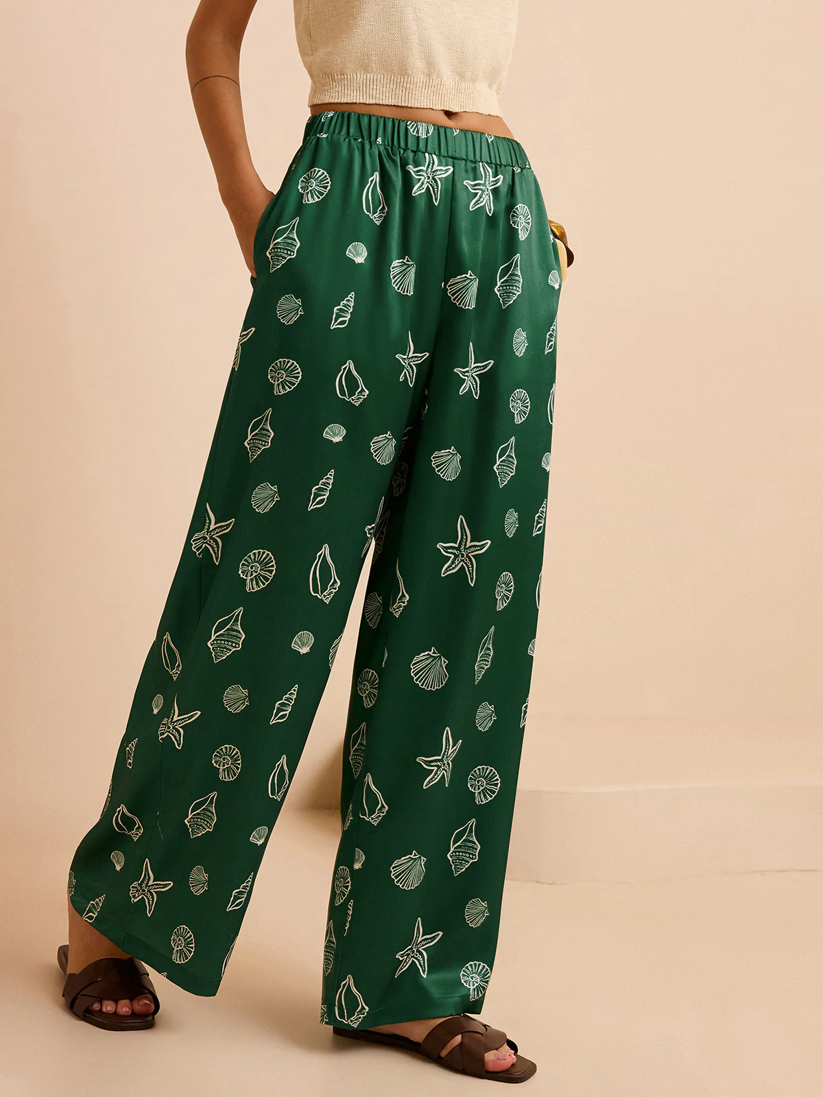 Oversized Mid-Waist Pants with Seashell and Starfish Prints - Takermore