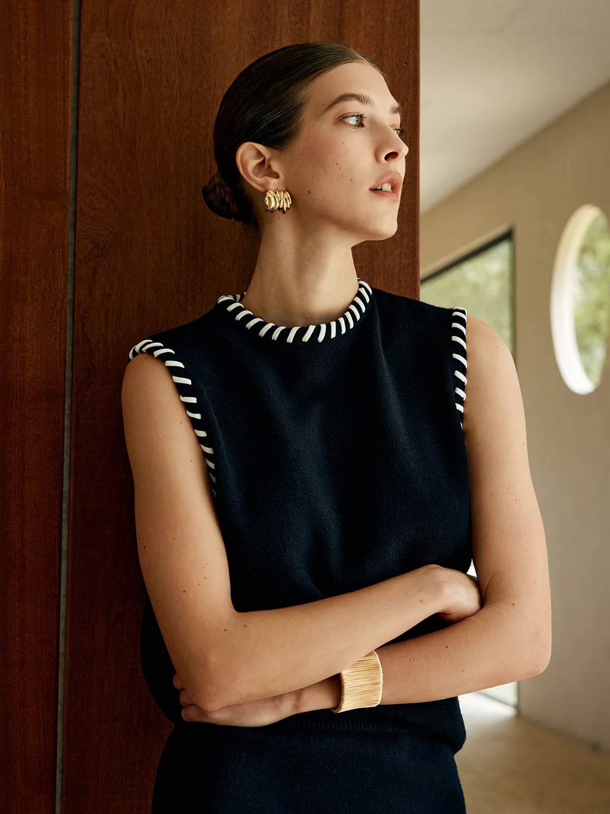 Contrast Trim Sleeveless Skirt Set - Takermore