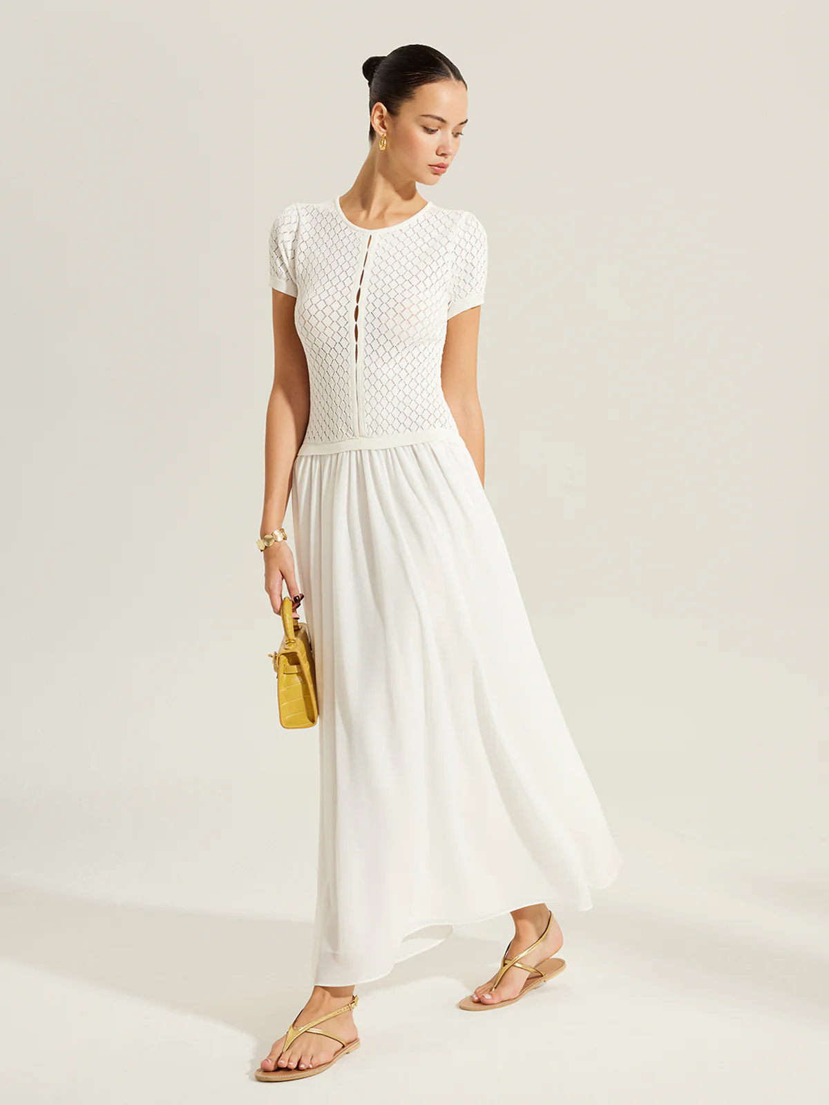 Sheer-Panel Button-Front Knit Dress - Takermore