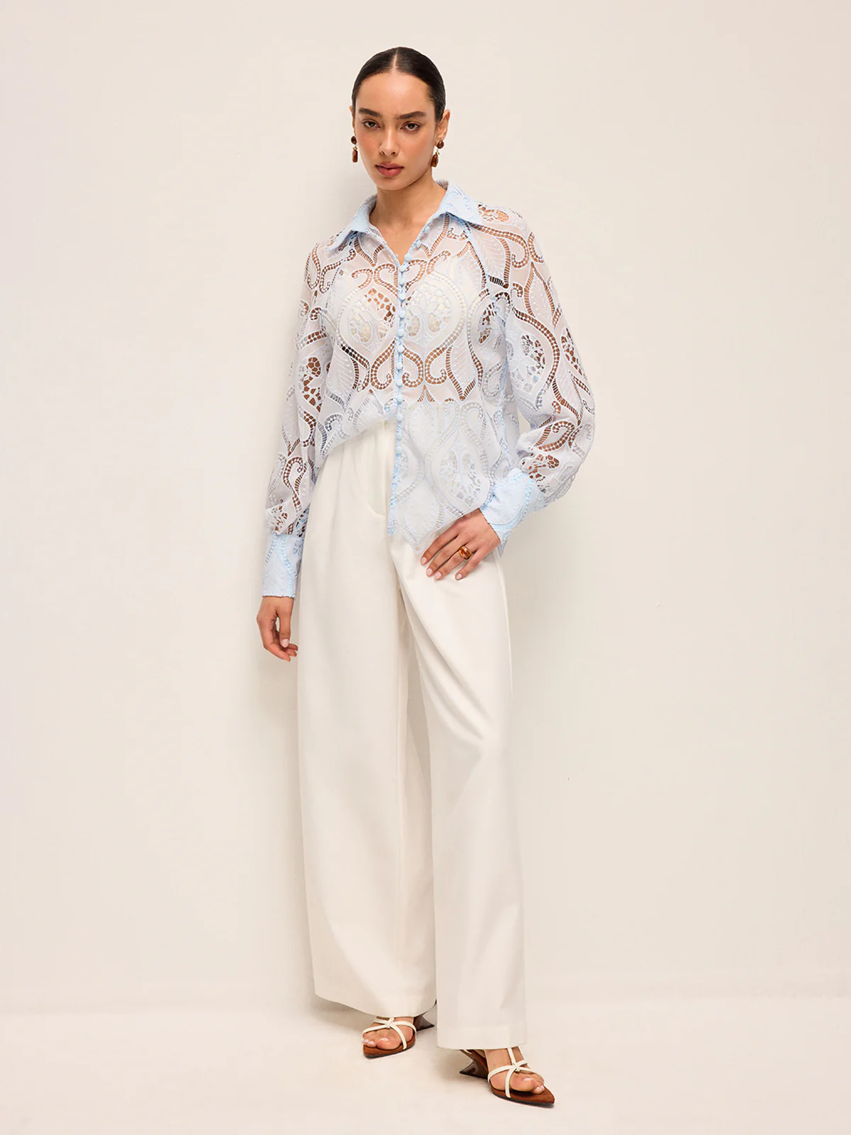 Sheer Lace Blouse With Cloth Button - Takermore
