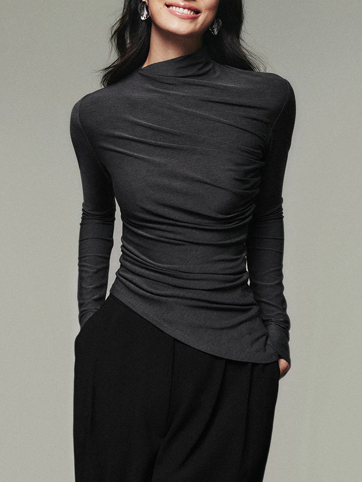 Asymmetric Collar Draped Long Sleeve Shirt - Takermore