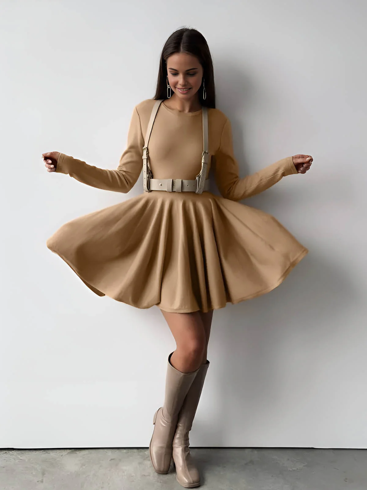 Plain Pleated Sweater Short Dress - Takermore