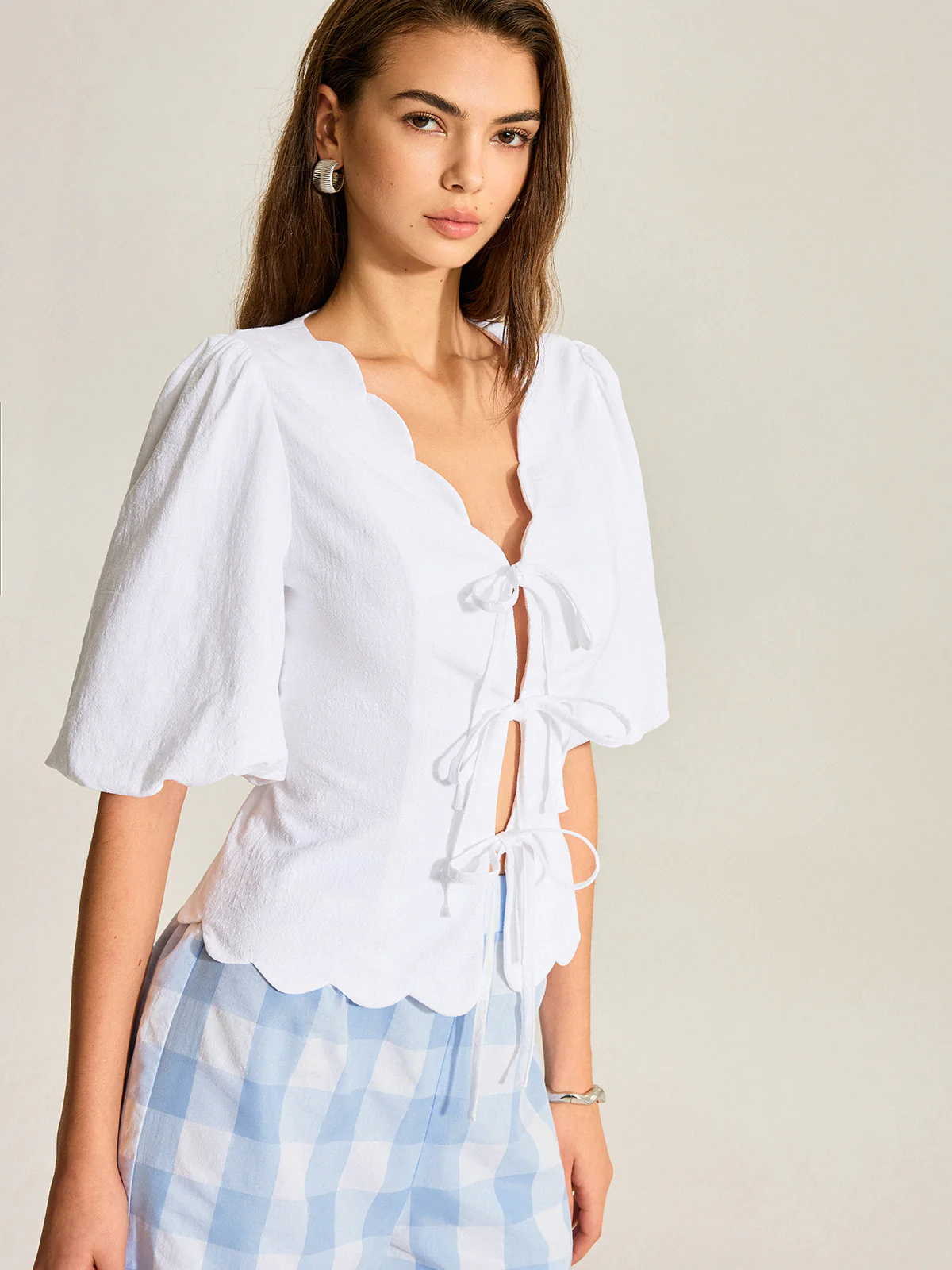 Cotton & Linen Scallop Trim Puff Sleeve Top - Takermore
