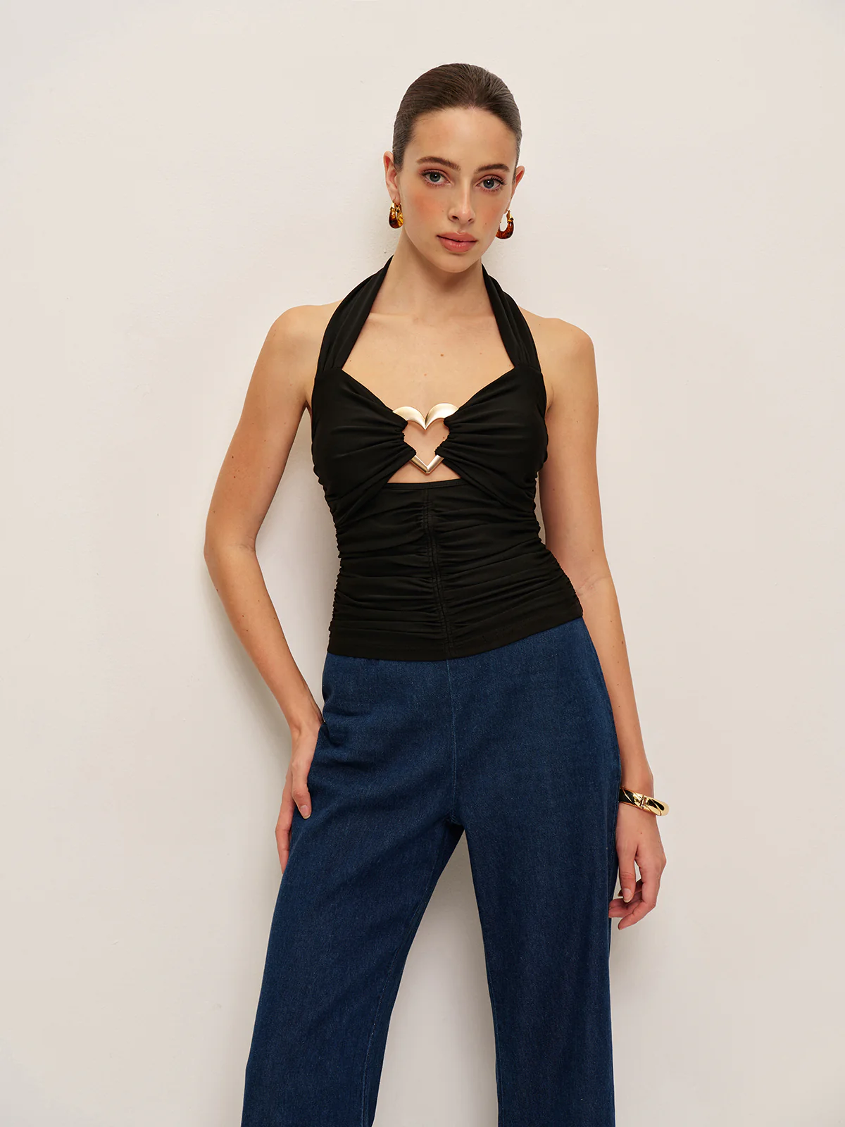 Heart Detail Ruched Halter Top - Takermore