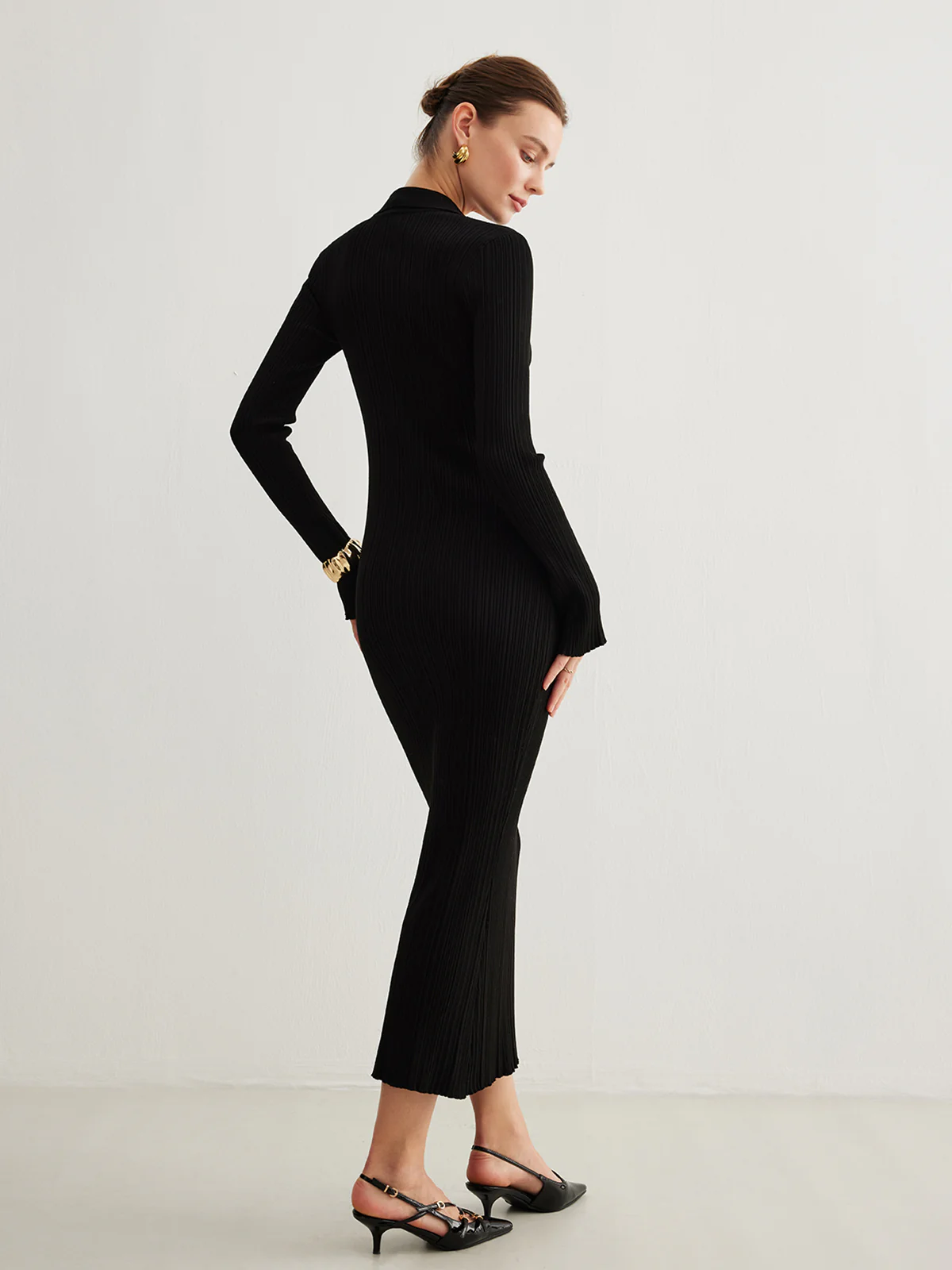 Metal-Button Bell-Sleeve Sweater Long Dress - Takermore