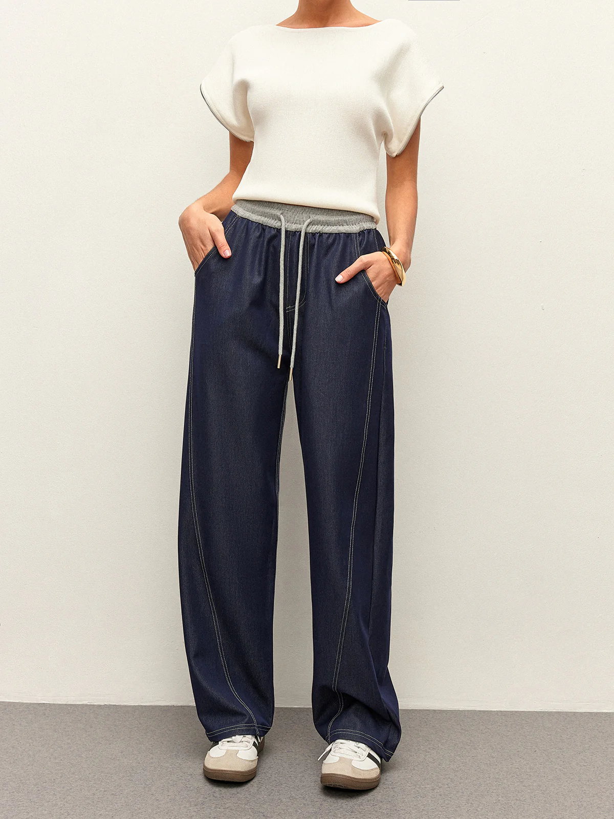 High-Waist Drawstring Denim Pants With Pockets - Takermore