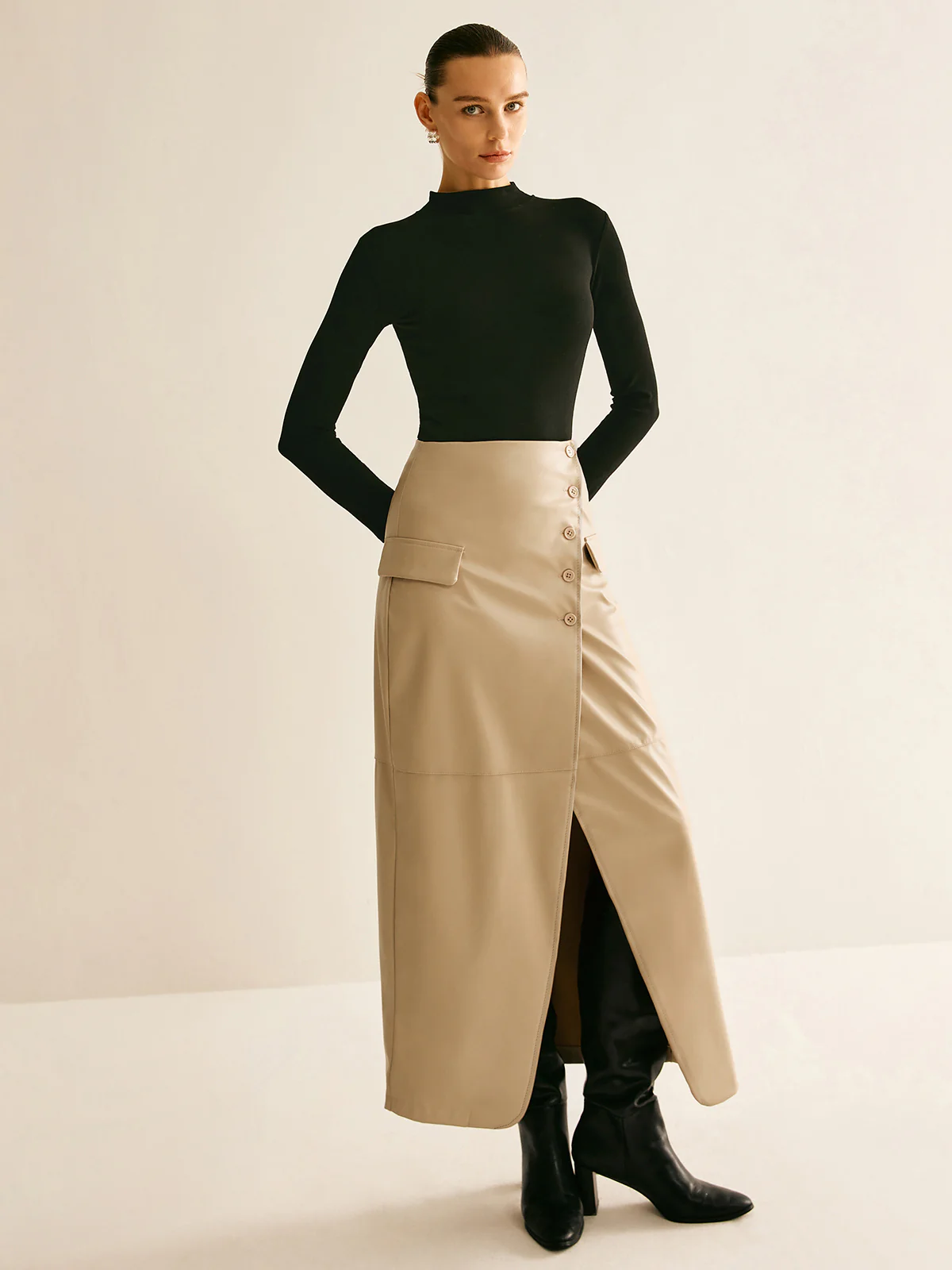 Asymmetrical Button Faux Leather Skirt - Takermore