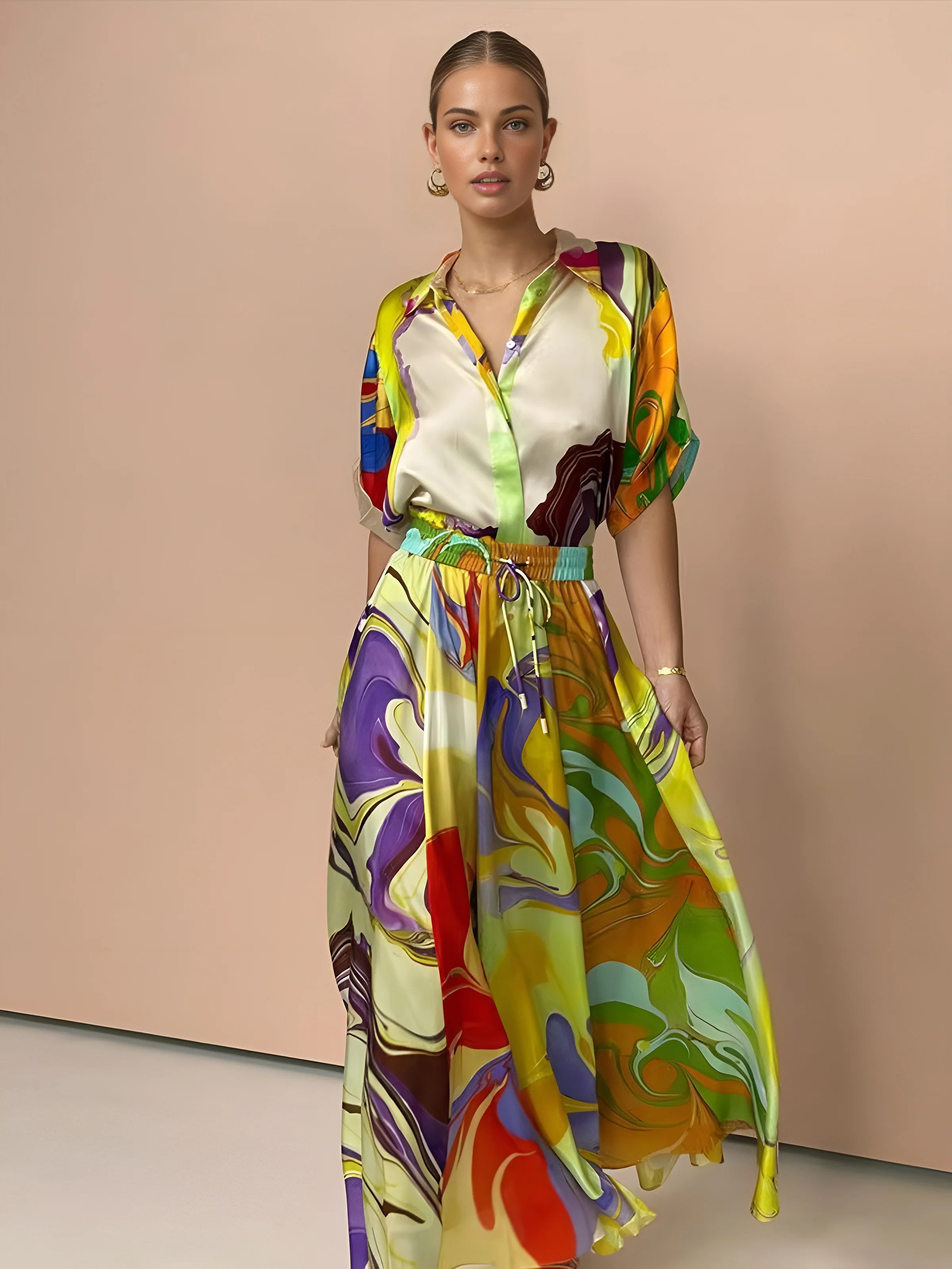 Satin Print Drawstring Skirt Set - Takermore