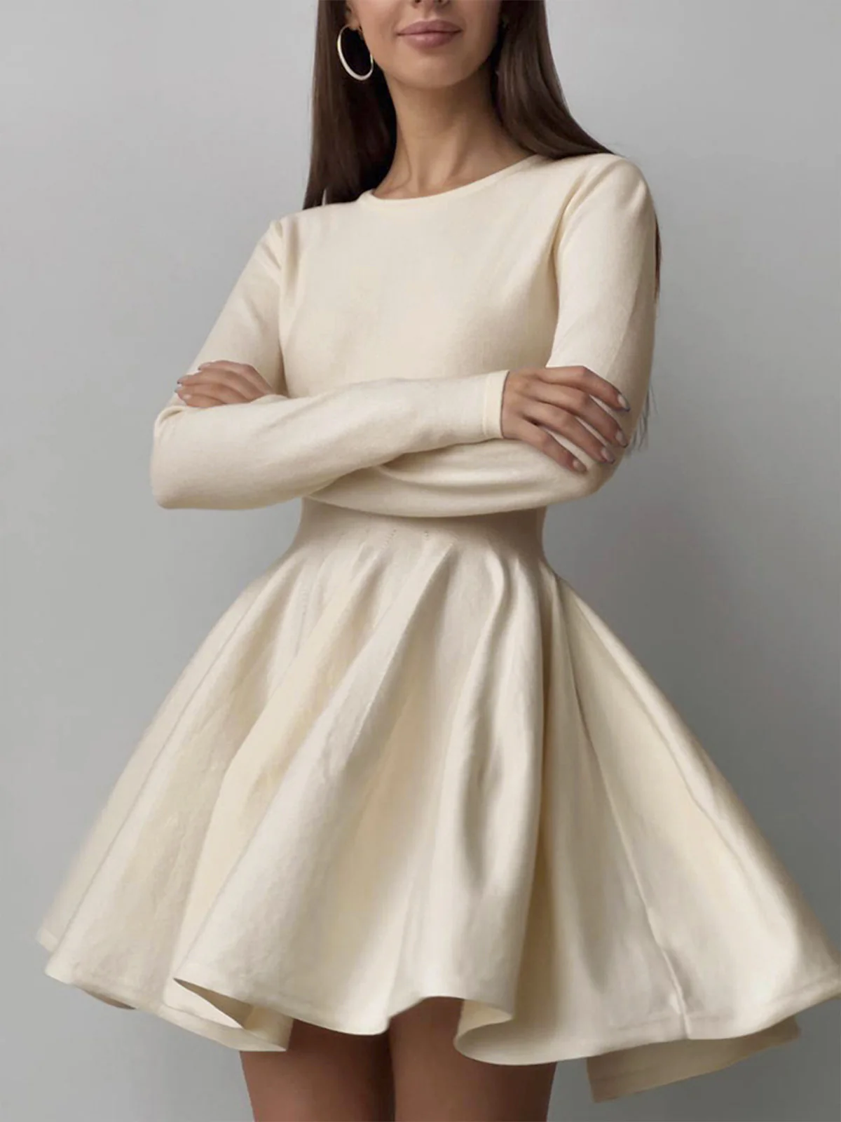 Plain Pleated Sweater Short Dress - Takermore