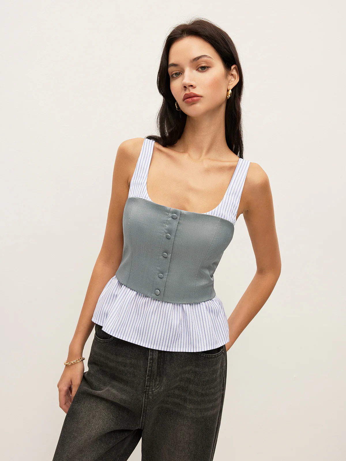 Striped & Solid Peplum Buttoned Top - Takermore