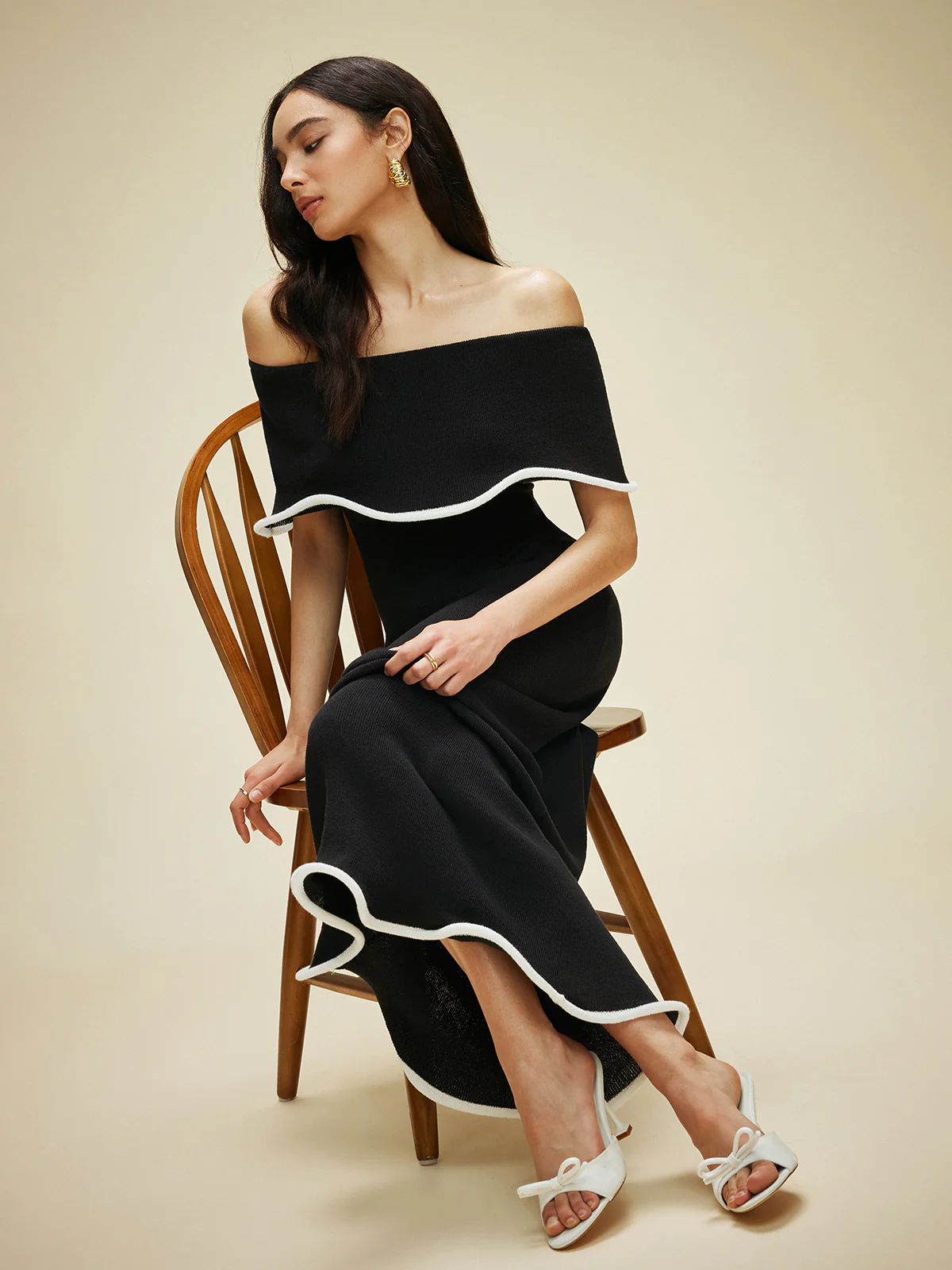 Color Block Off-Shoulder Ruffled Knit Dress - Takermore