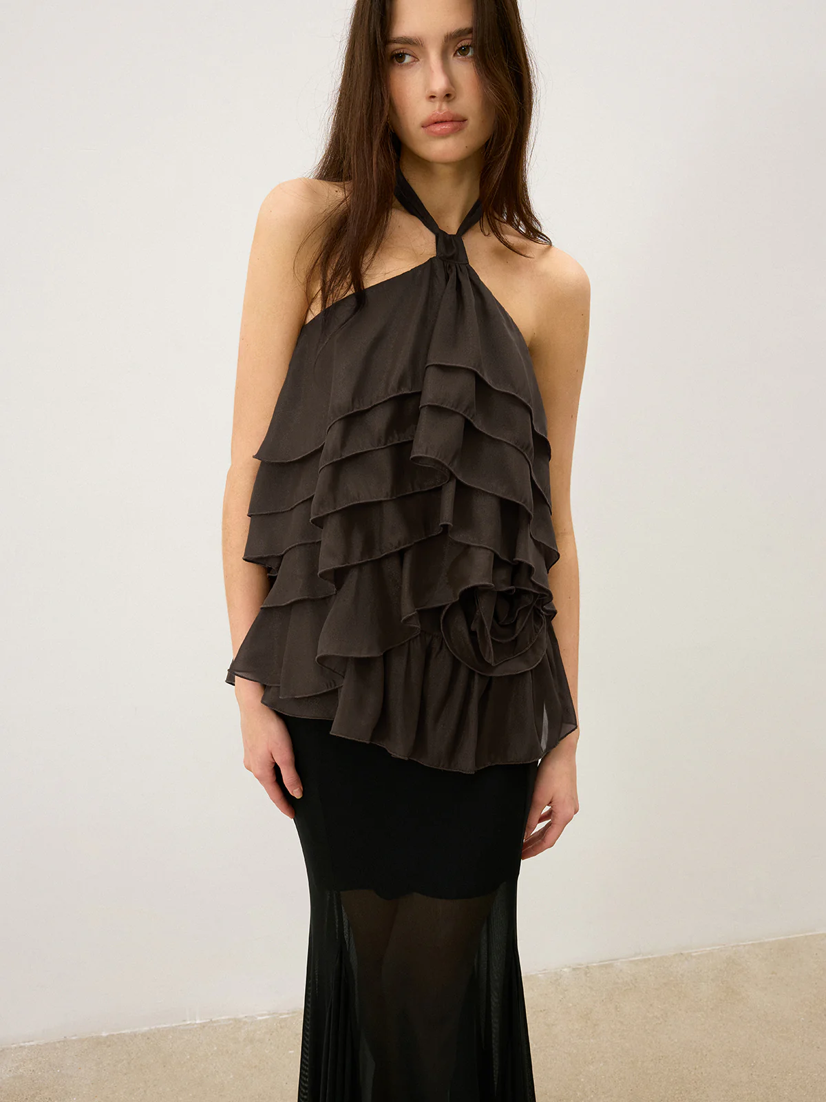 Tiered Ruffle Chiffon Halter Top with 3D Flower - Takermore