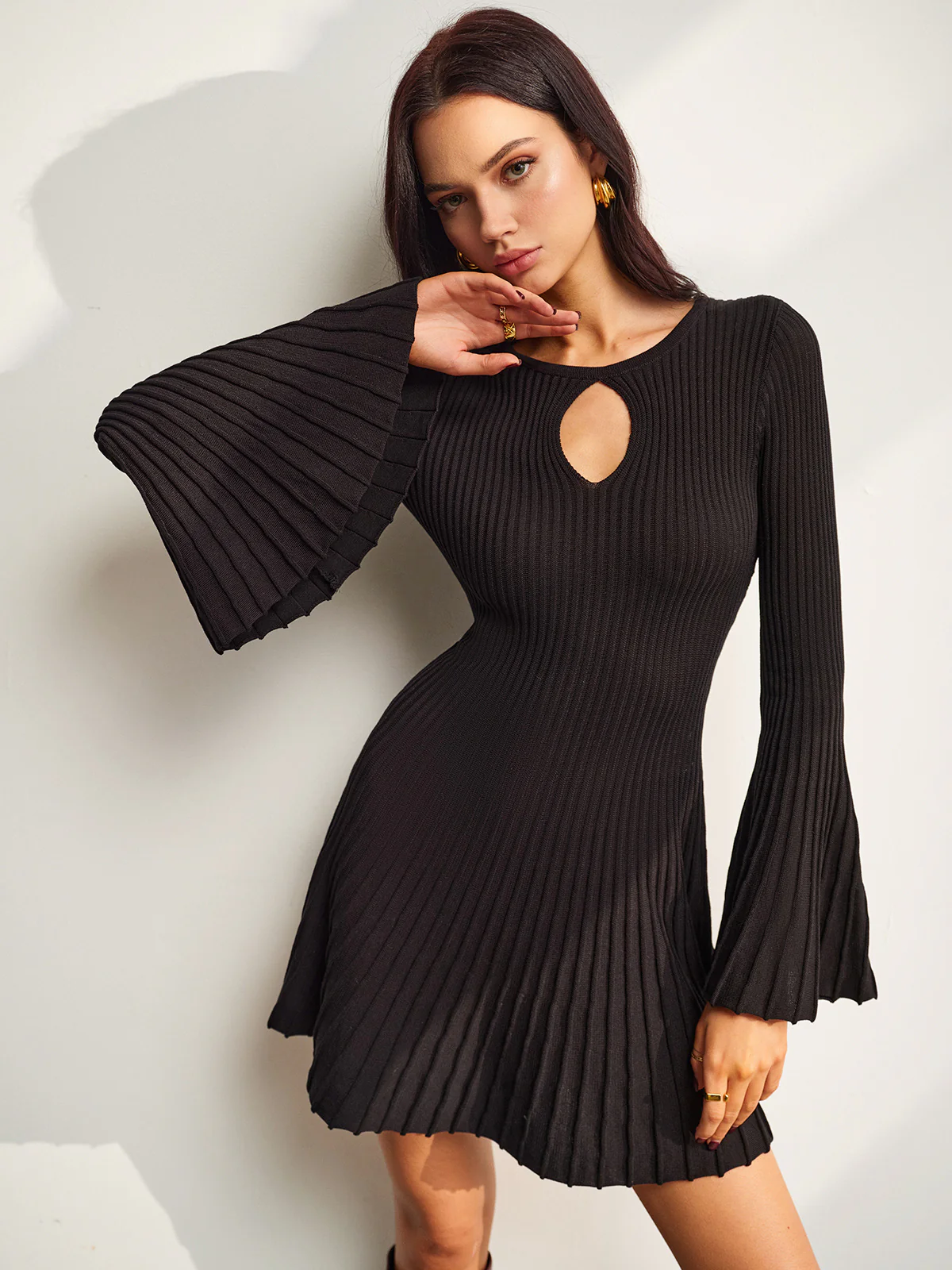 Keyhole Neckline Bell Sleeve Sweater Dress - Takermore