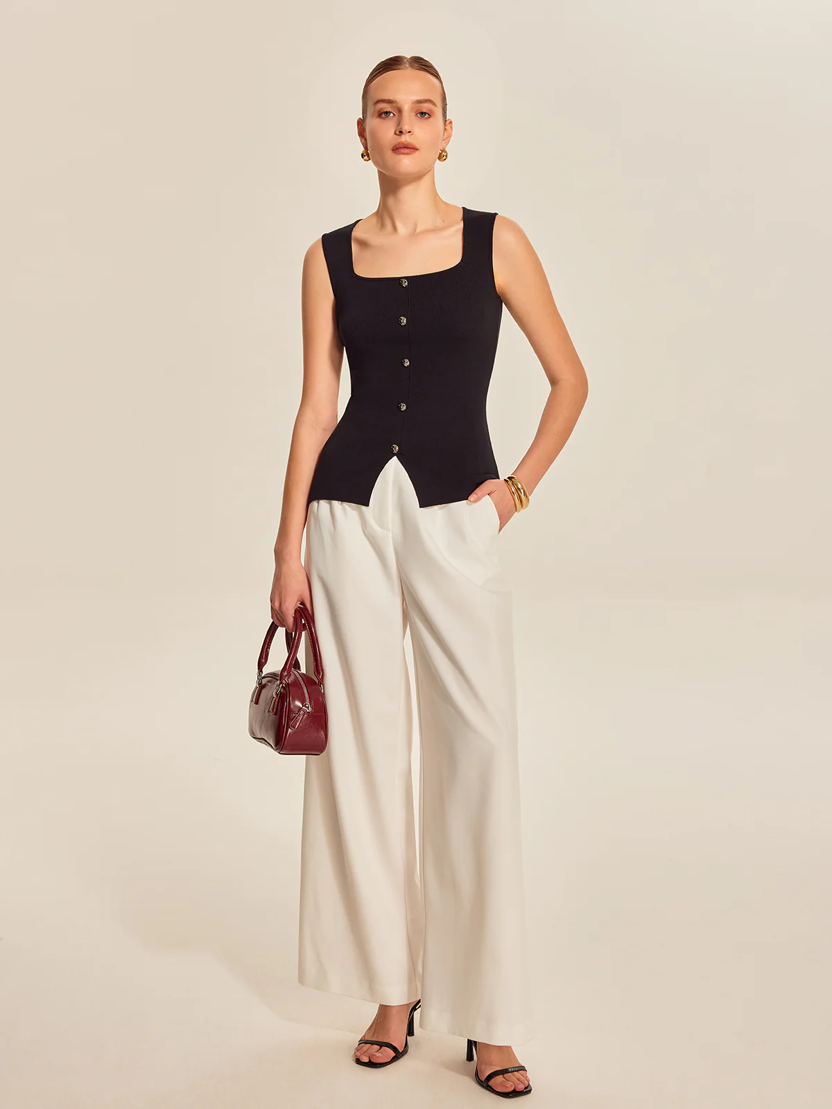 Button Front Square Neck Top - Takermore