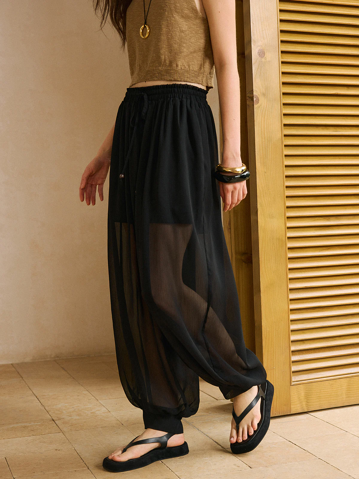 Sheer Chiffon Pants with Elastic Waist and Ankle Cuffs - Takermore