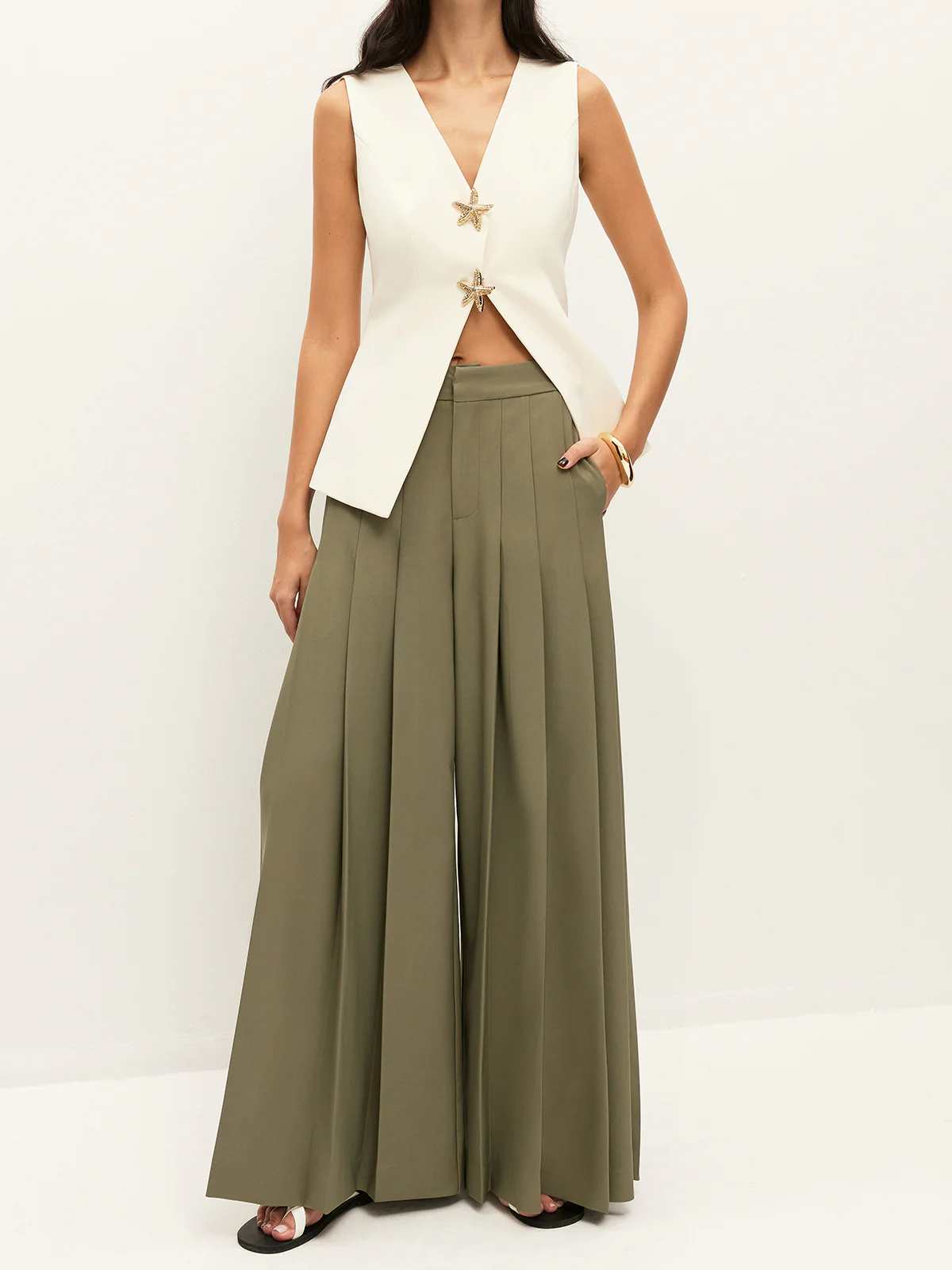 Mid-Waist Pleated Zipper Wide-Leg Pants With Pockets - Takermore