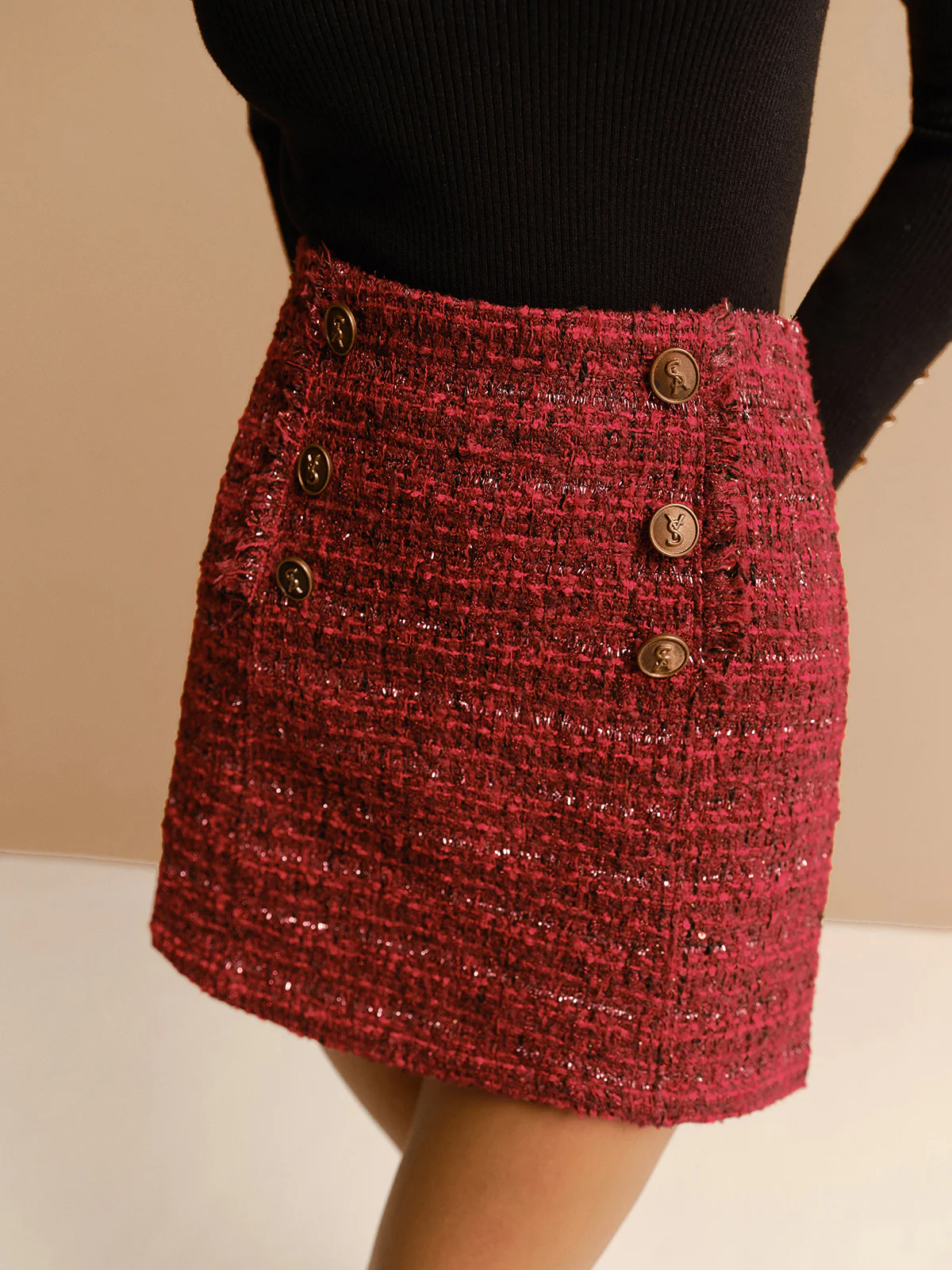 Mid-Waist Tweed Zipper Skirt - Takermore