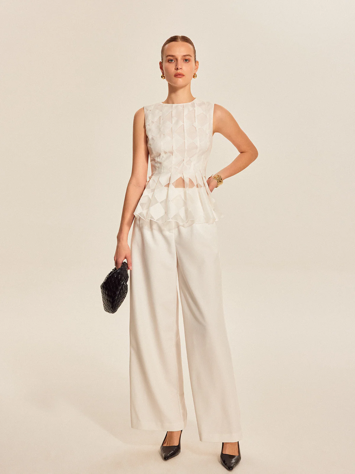 Semi-Sheer Geometric Peplum Top - Takermore