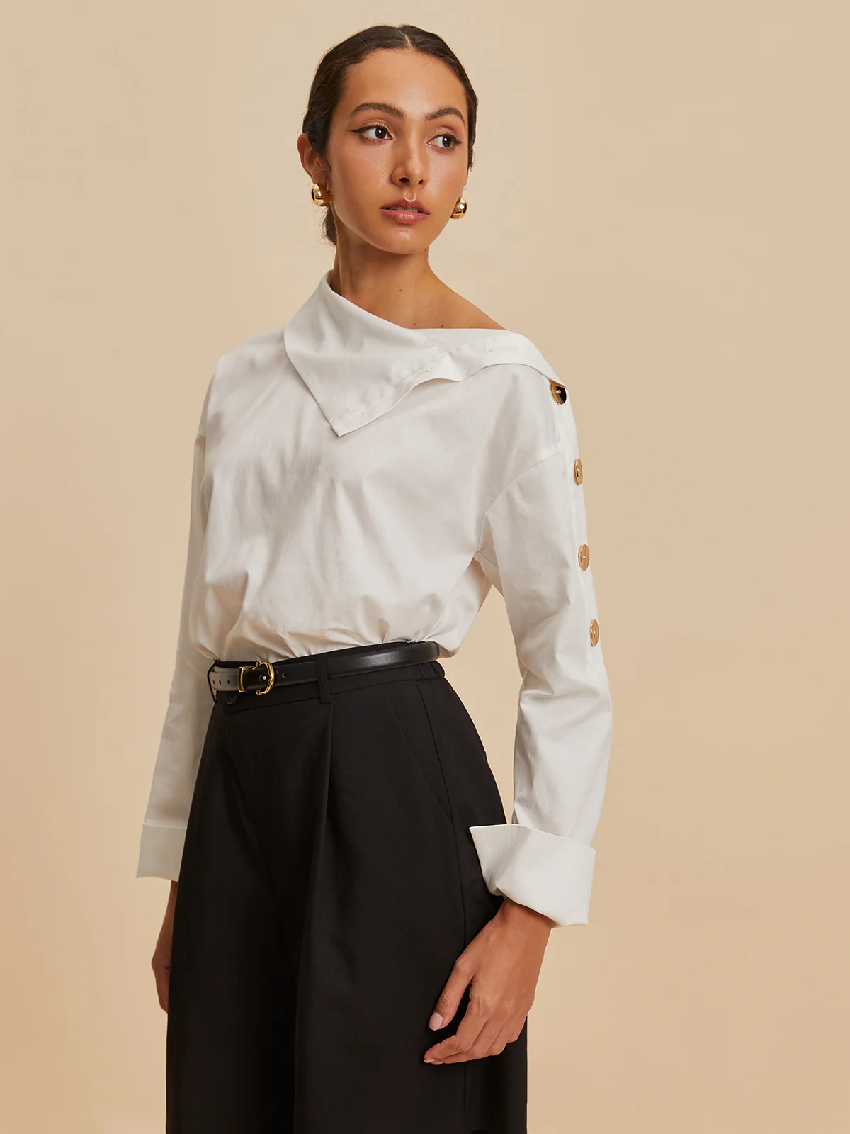 Cotton Asymmetrical Metal Button Shirt - Takermore