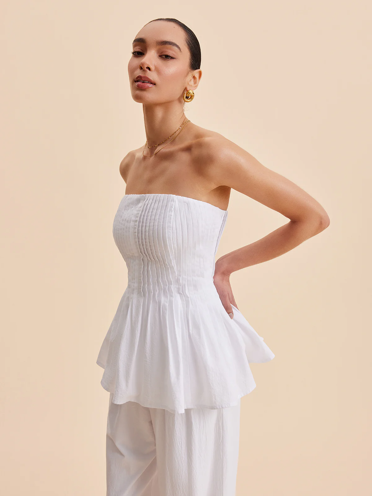Cotton Pleated Strapless Peplum Top - Takermore