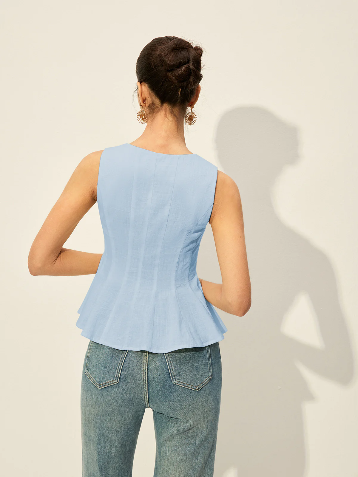 Square Neck Button-Front Peplum Top - Takermore