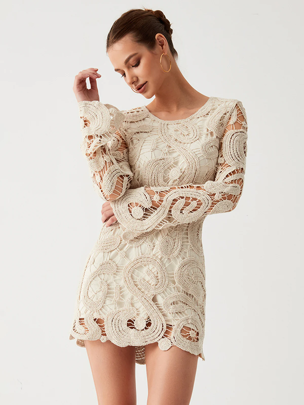 Crochet Paisley Long Sleeve Short Dress - Takermore