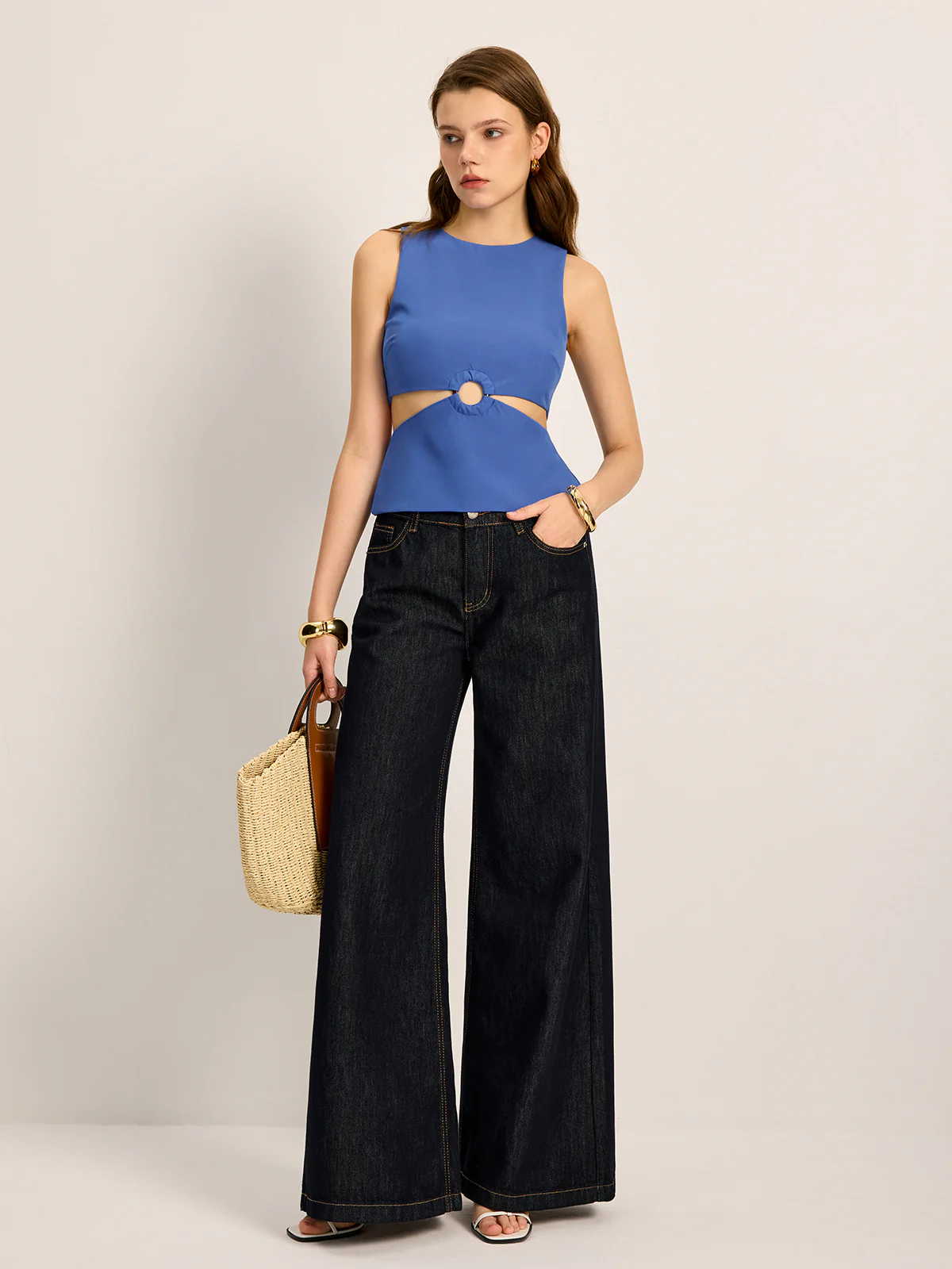 Cutout Detail Round Neck Top - Takermore