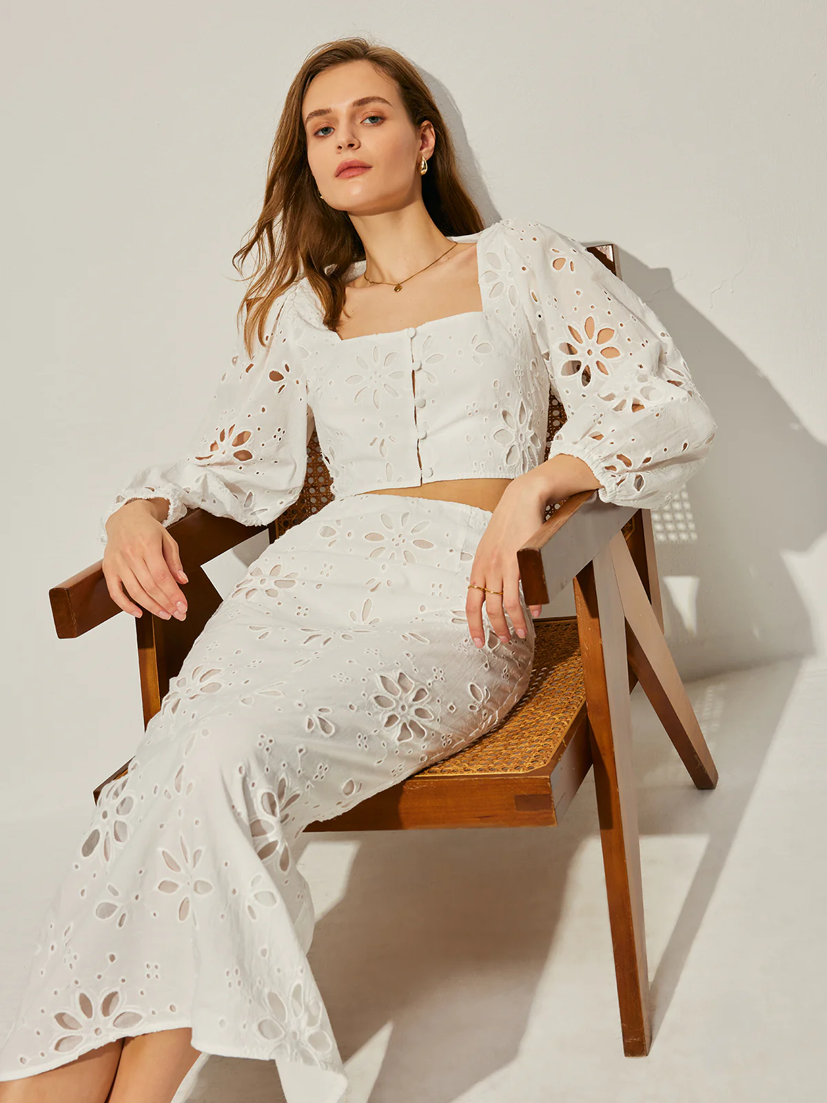 Cotton Hollow Floral Skirt Set - Takermore