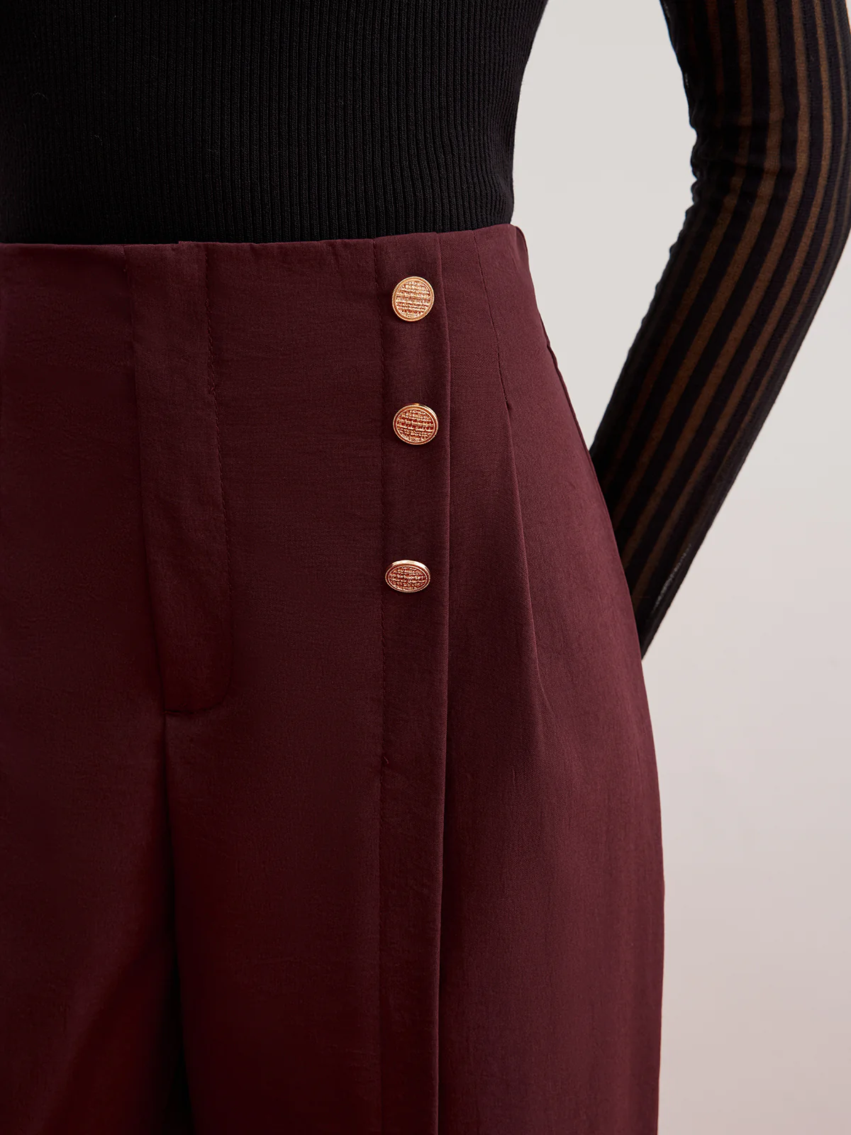 Button Decor Split Wide-Leg Pants - Takermore