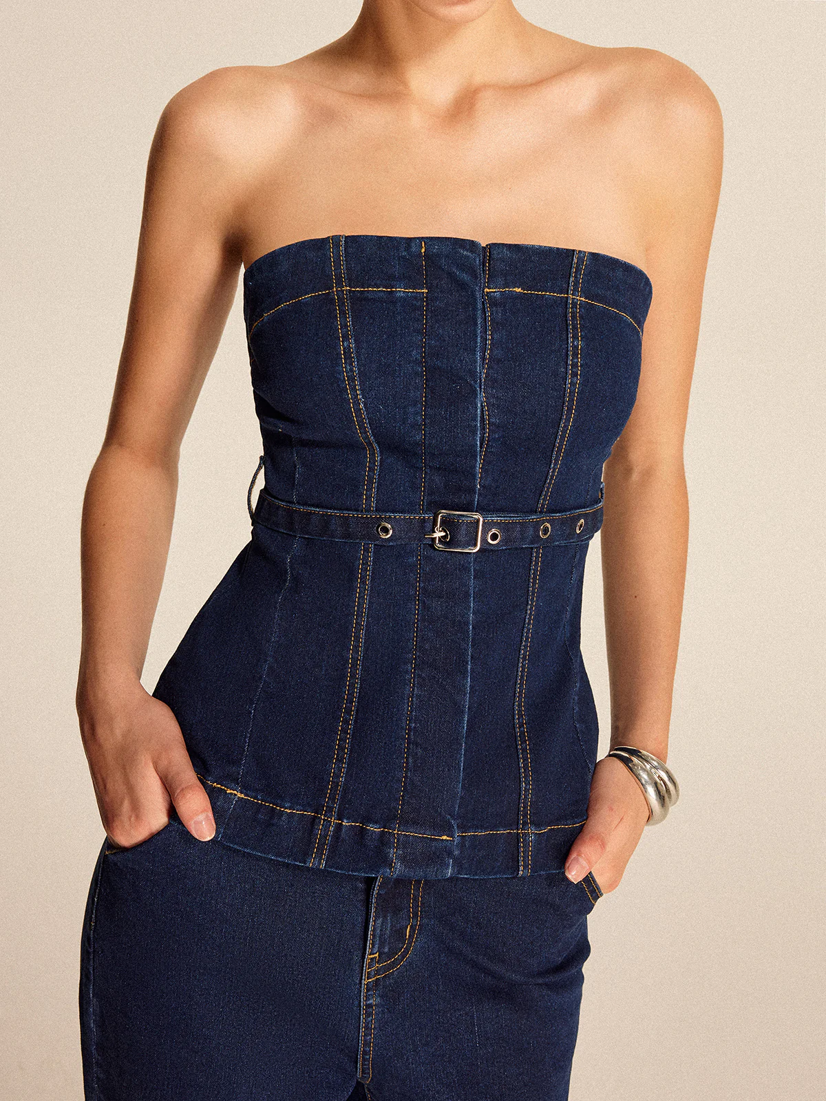 Denim Strapless Top With Belt - Takermore
