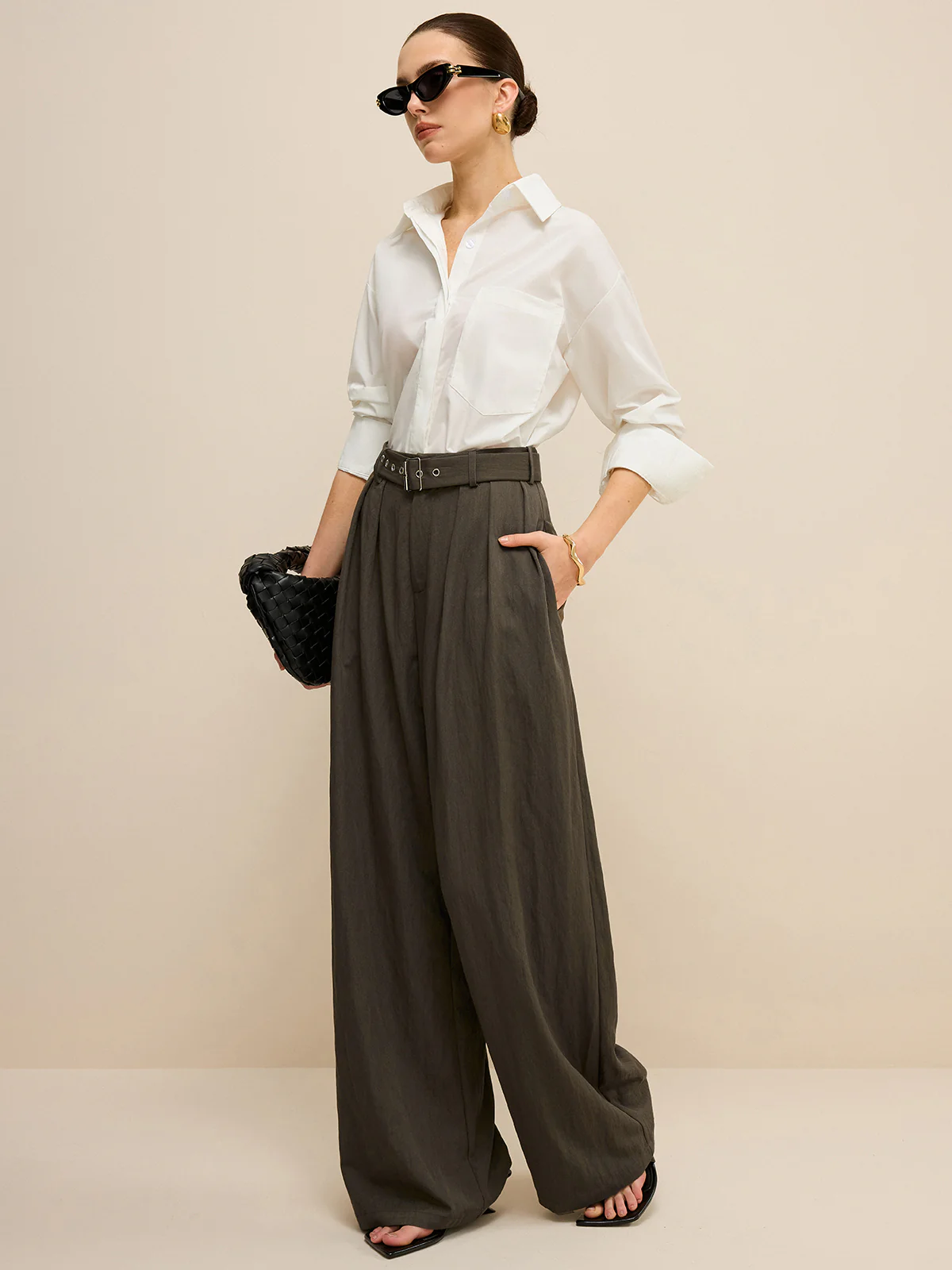 Army Green Belted Pleated Wide-Leg Pants - Takermore